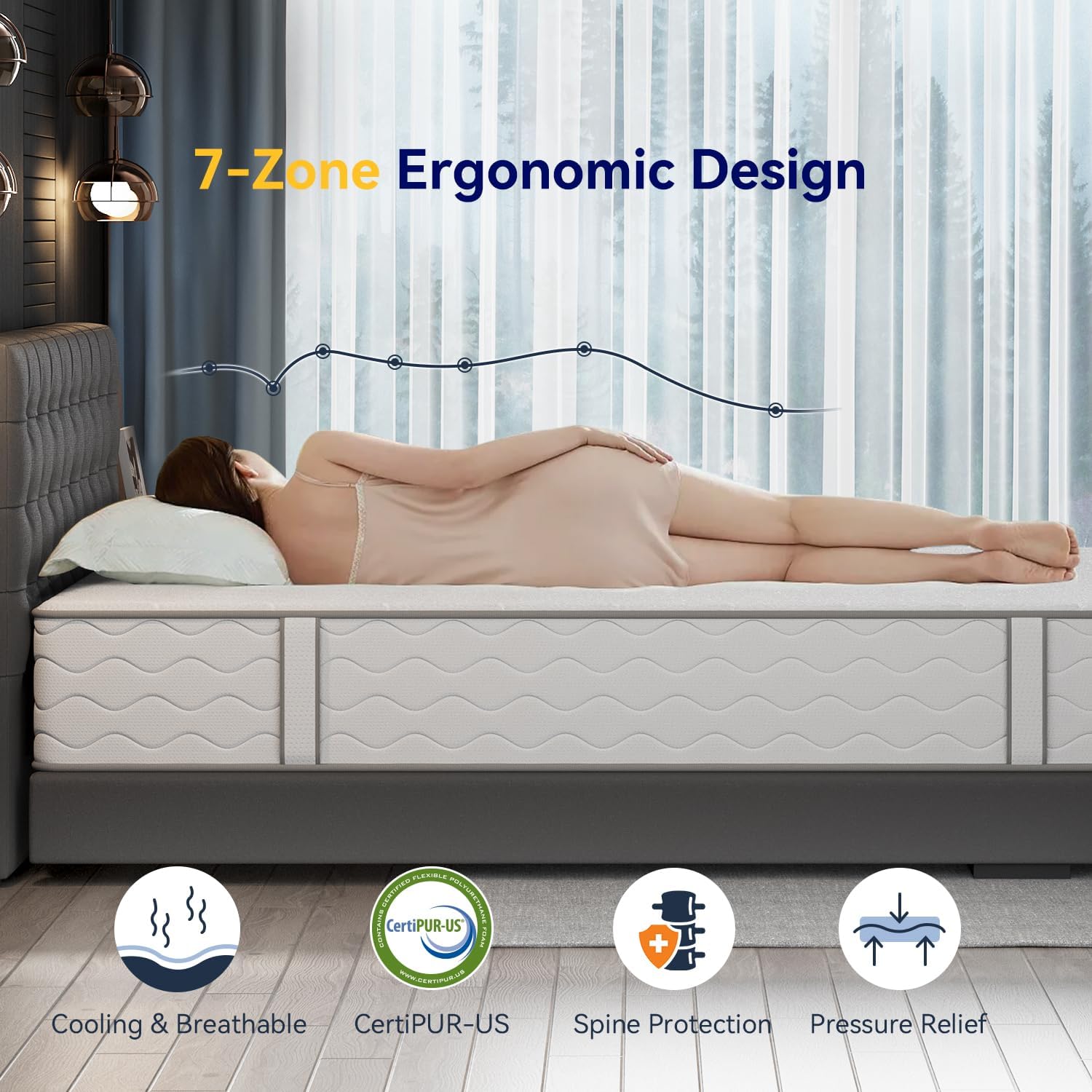12 Inch King Size Mattress, Luxury Cooling Hybrid Mattress with Ice Silk Cover & Gel Memory Foam, 7-Zone Support, Extra Firm Bed for Couples, Strong Edge Support, No Sagging & Motion Isolation