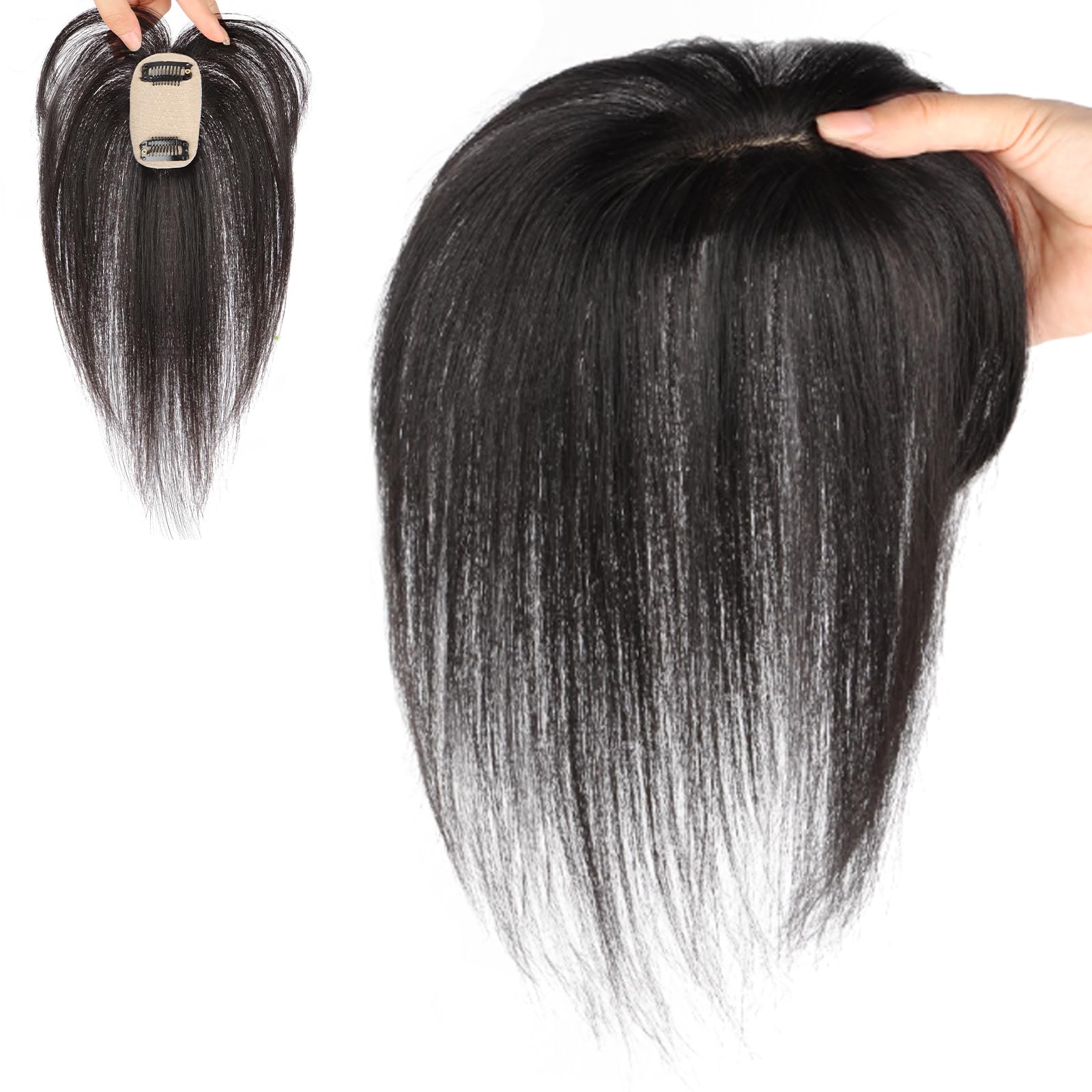 Fake Bangs,Hair Topper Real Human Hair 9.8 Inch Long Human Hair Toppers for Thin Hair Women Silk Base Clip In Hair Extensions Natural Looking for Daily Use,Black