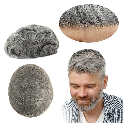 Toupee para hombres cabello humano, sistema de reemplazo de cabello para hombre, extensiones de cabello gris de encaje francés 8x10#1B65
