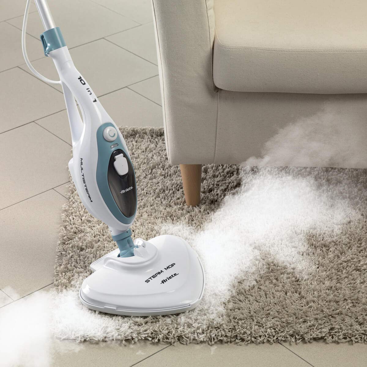 Ariete 4169 Steam Mop 10 en 1, Balai à Vapeur 10 in 1, Générateur de Vapeur, 18 minutes de autonomie, 1500 W, Blanc/Bleu