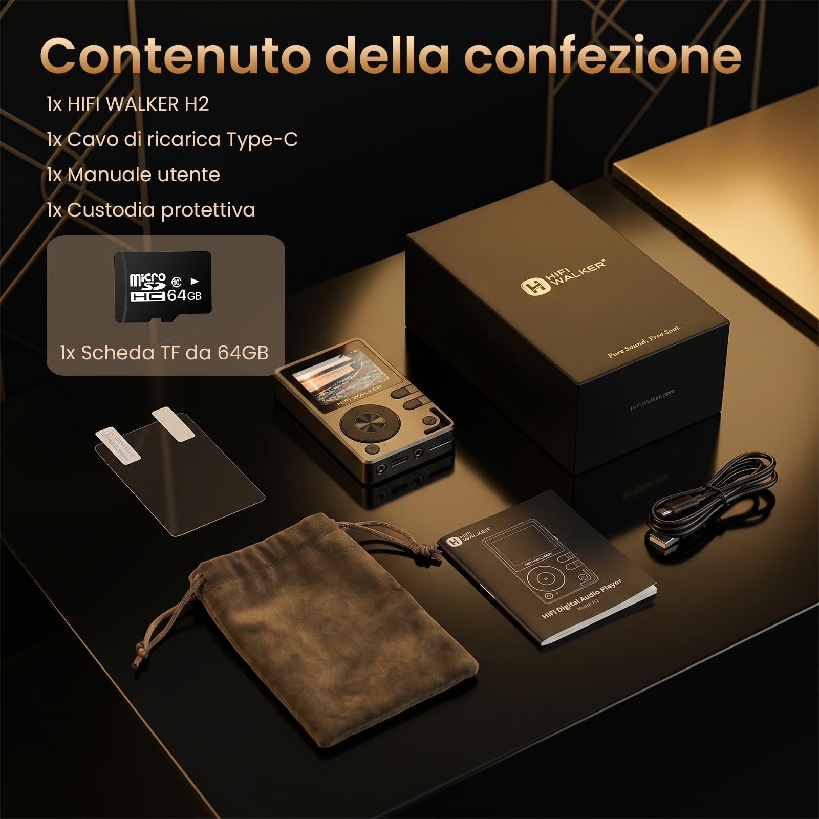 HIFI WALKER H2 Lettore MP3 Hi-Fi, Player Musicale Lossless con SD 64GB Inclusa, DAC ES9018K2M, Bluetooth 5.2 Bidirezionale, Schermo 2.0" con Tasti Fisici, Supporto DSD128, Lega di Zinco