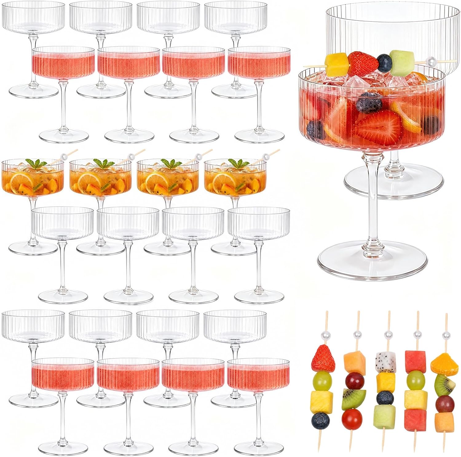24 Pcs Pink Champagne Martini Glasses Set 10 Oz Plastic Ribbed Coupe Cups