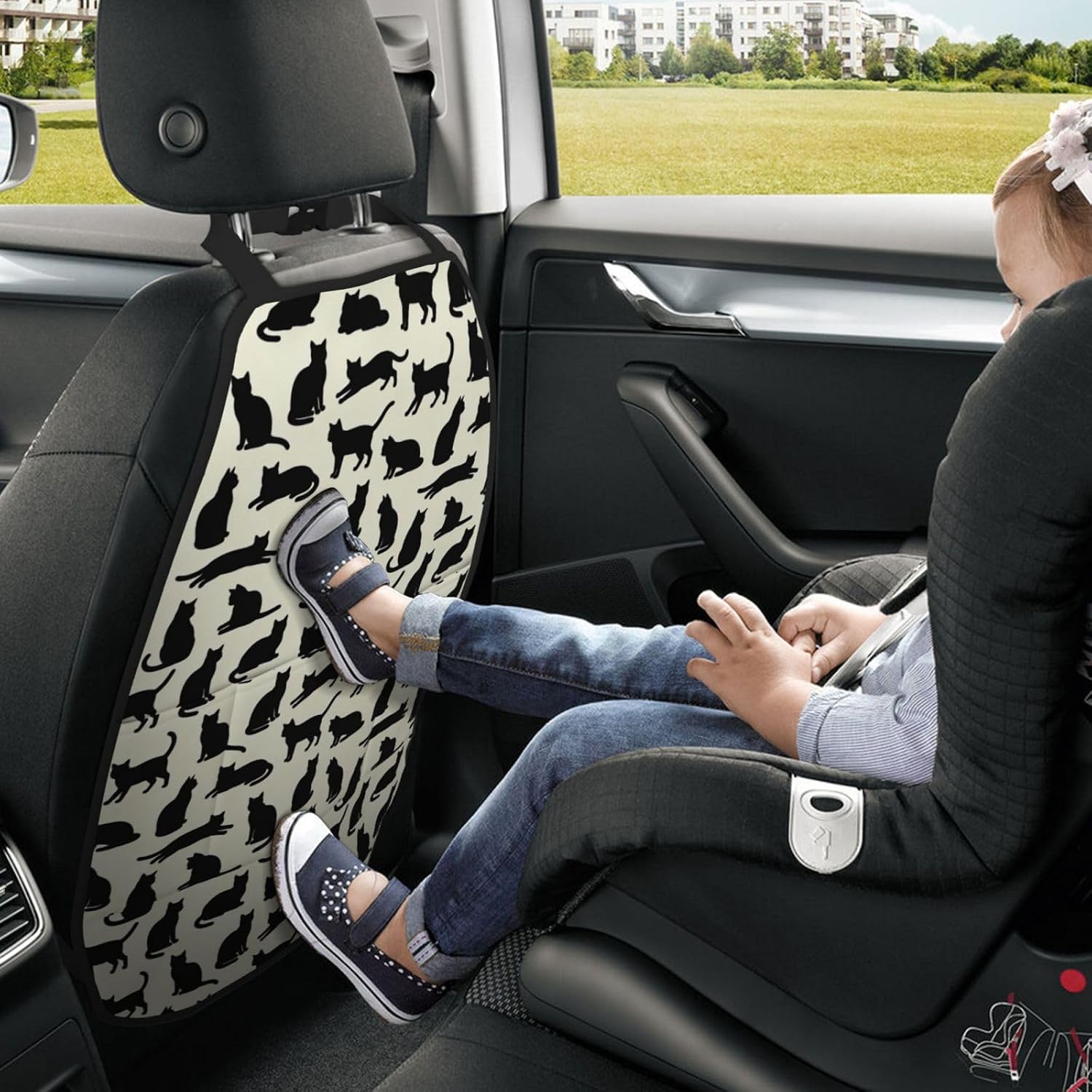 Car Seats Back Protector 2 PCS with 3 Pocket Organizer, Car Seat Back Protectors For Vehicles To Protect From Dirt Scratches Mud for SUV Jeeps Trucks and Cars - Black Cat