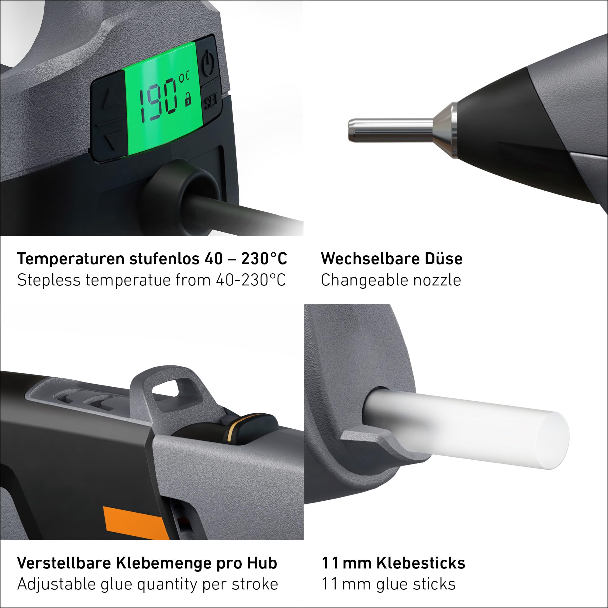 Steinel GlueMatic 7011 Glue Gun, incl. 3x 11 mm Glue Sticks, Electronically Controlled Glue Gun, Adjustable Adhesive Length, Interchangeable Nozzles, 110 W