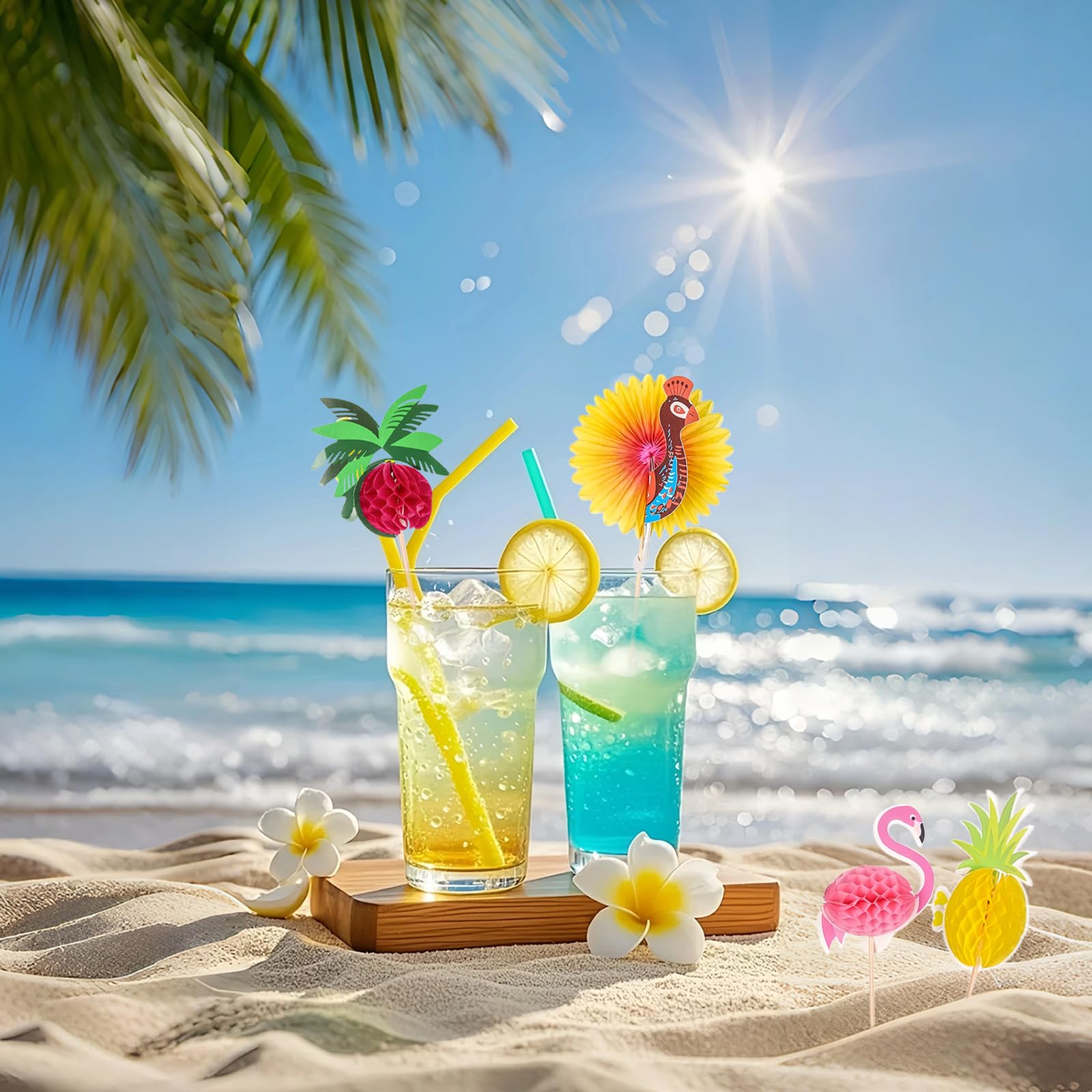 EKKONG 100 Pezzi Spiedini Cocktail in Legno, Decorazioni 3D Fenicottero Ananas Pavone Albero di Cocco, Spiedini Hawaiani per Feste Estive, Compleanni, Bar, Bevande, Torte, Cupcake (A)