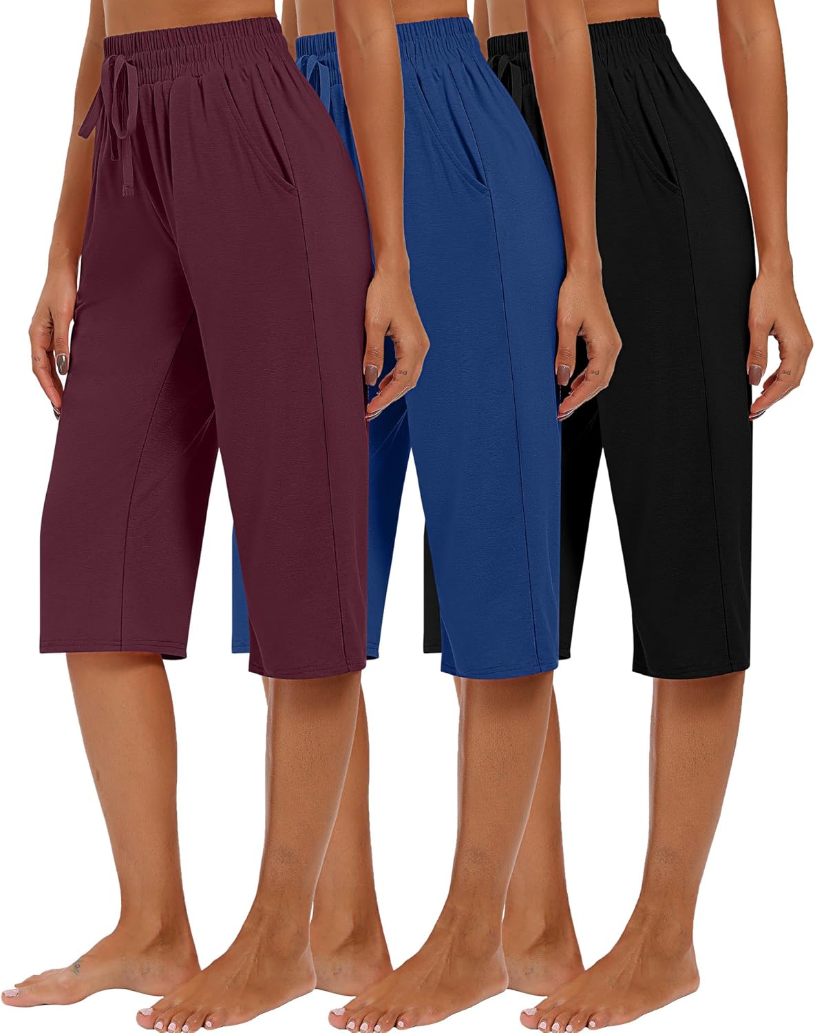 Riyiper 3 Pack Women Capri Pants, Causal Drawstring Lounge Yoga Capri Sweatpants Loose Wide Leg Crop Jogger Pant with Pockets