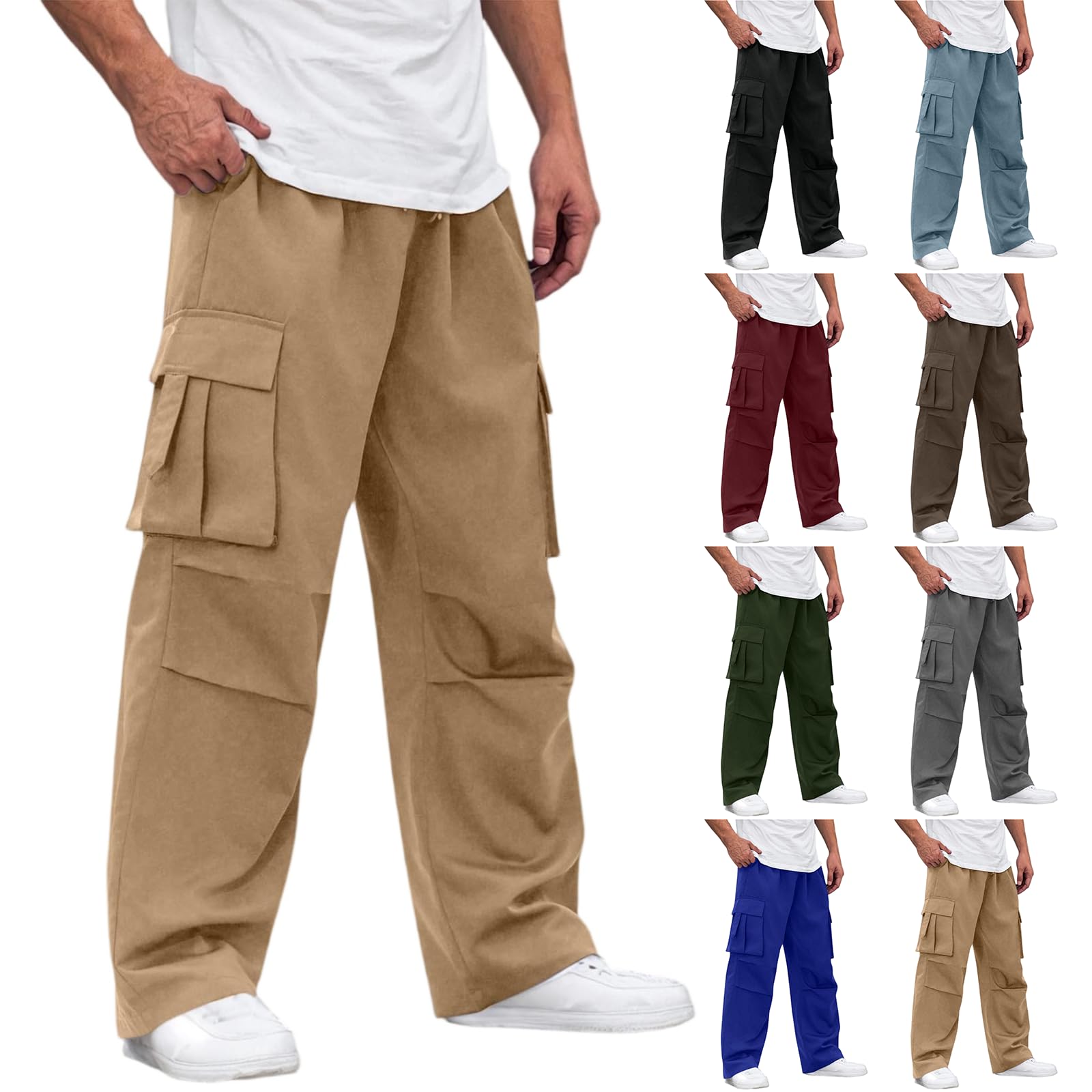 Work Cargo Pants for Men Relaxed Fit Elastic Waist Hiking Pants Outdoor Active Wide Leg Trousers with Multiple Pockets Lightweight Comfy Breathable Athletic Pant Pantalones Tácticos Para Hombre Yellow