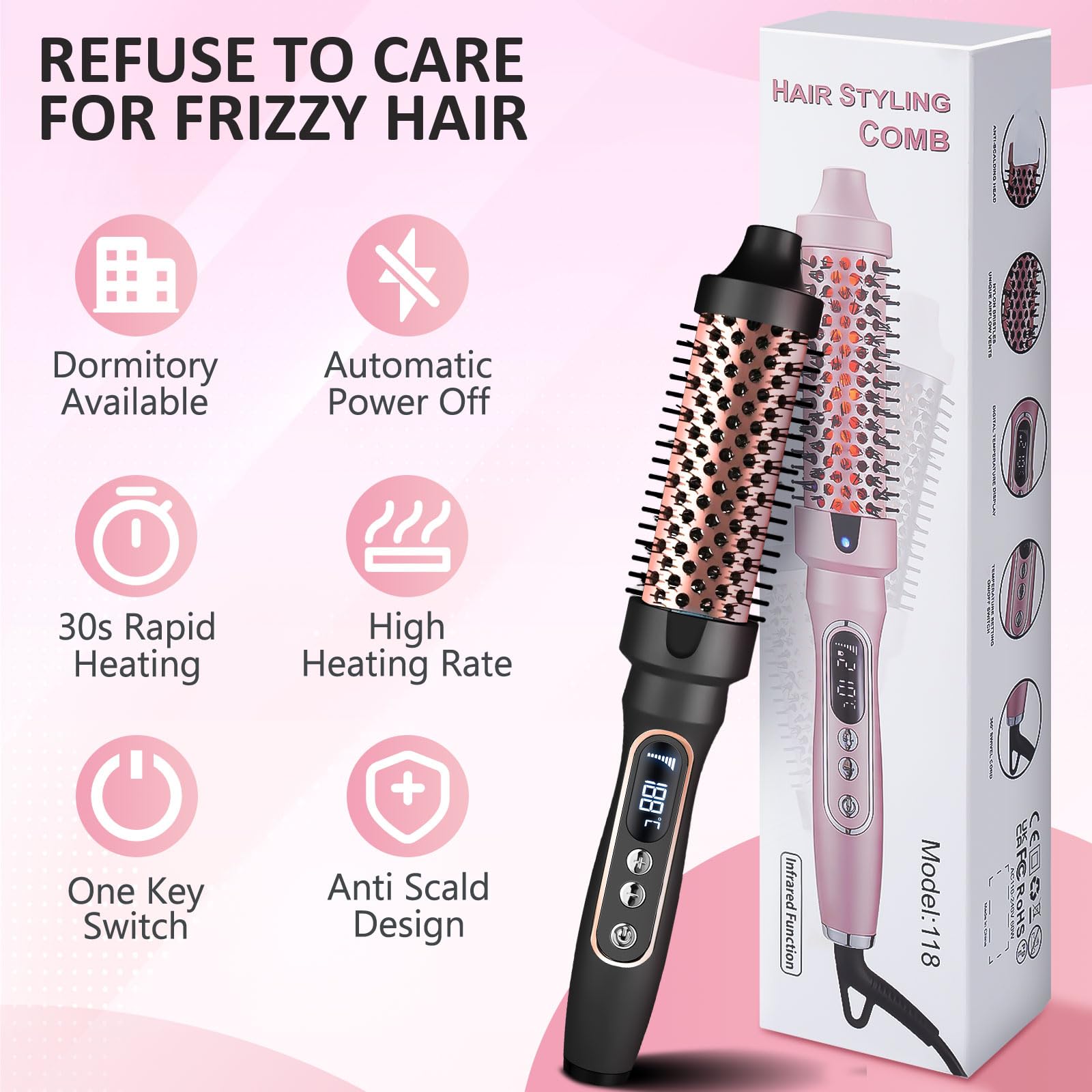 3 in 1 Thermal Brush, 38 mm Brosse Chauffante Céramique, LCD 100-210 °C,Lissage, Boucles Souples, Volume, Design Ionique Anti-Frisottis,5 Réglages de Température,Chauffage Rapide (Noir)