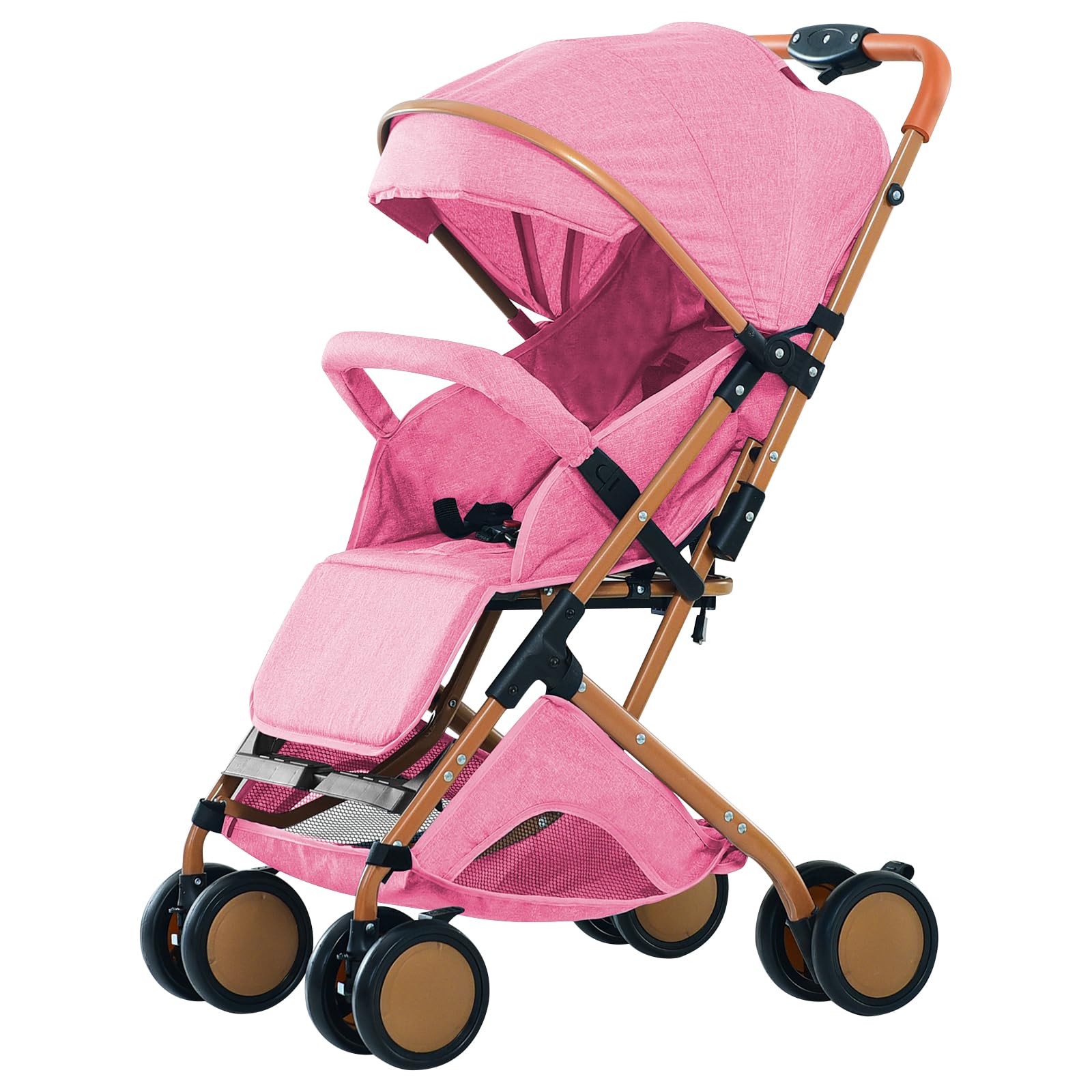 Passeggino 3 in 1 fino a 10 kg con funzione sdraio, passeggino piccolo pieghevole con accessori, ruote in schiuma Eva, zanzariera, porta bevande, cestino (rosa)