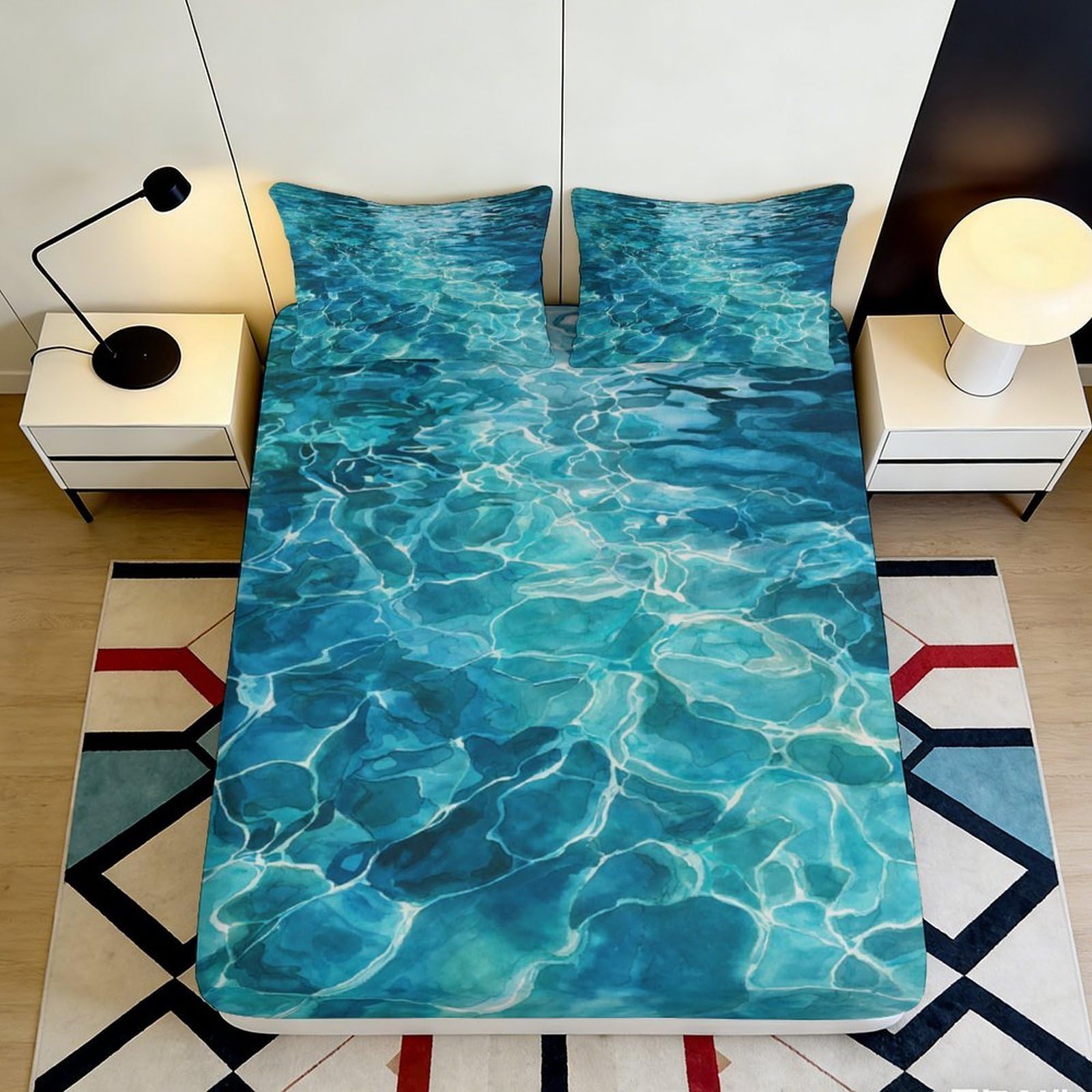 3D Printed Water Ripple Fitted Sheet Microfiber Blue Ocean Mattress Cover for Bedroom Dorm Home Decoration 90x200x25cm