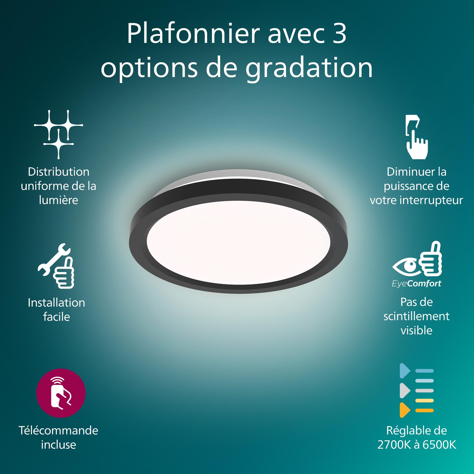 Philips Plafonniers LED avec télécommande, Pack de 2 – Ronds, 30 cm, Lumière blanche réglable et dimmable, Idéal pour le salon ou la chambre, Sans scintillement ni éblouissement, Design moderne, Noir
