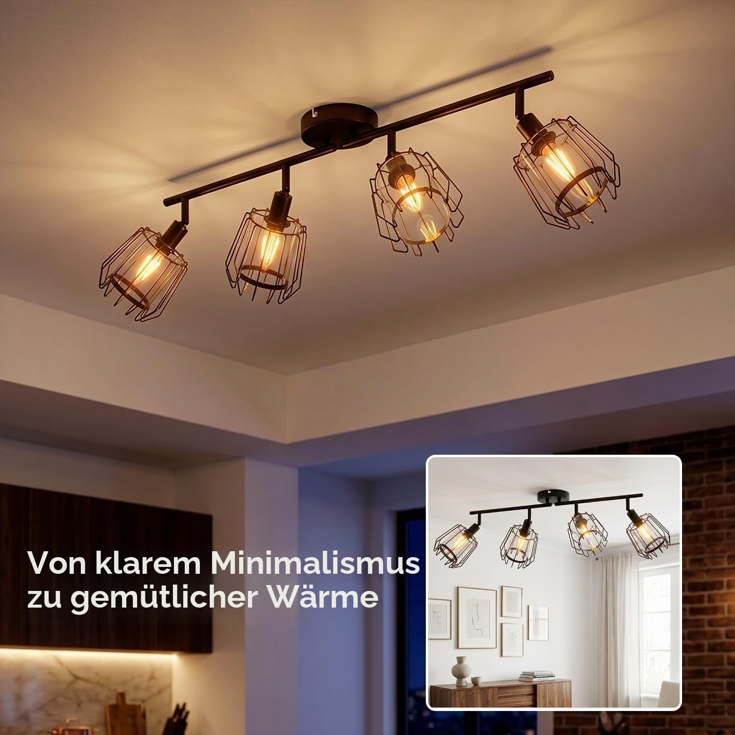 LVWIT LED Deckenstrahler Schwenkbar 350°, E14 Deckenleuchte 4 Flammig Deckenlampe Strahler Schwarz Spots LED mit Acryl Lampenschirm- Küchenlampe Wohnzimmerlampe Deckenspot (Ohne Leuchtmittel)