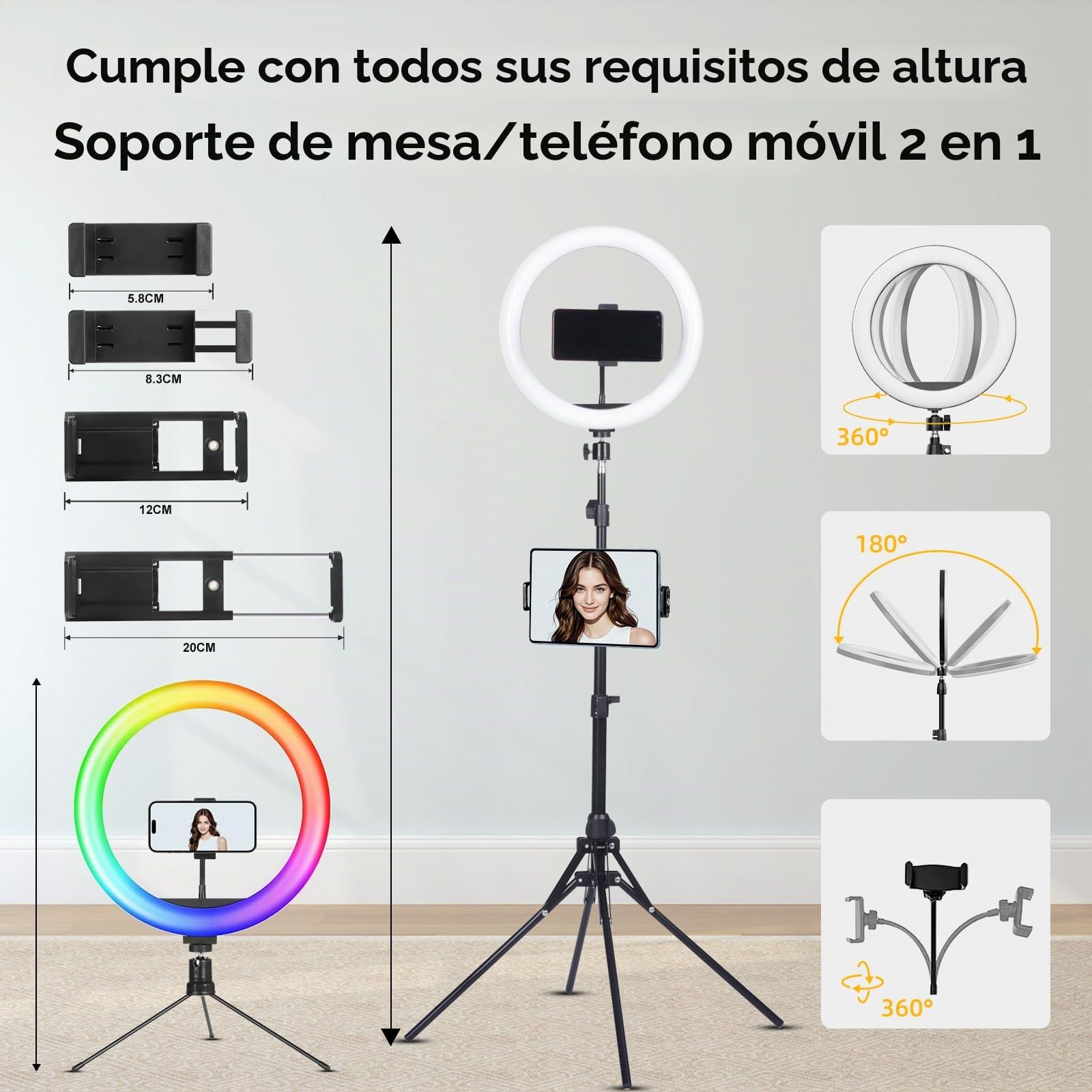 KOSCHEAL Aro de Luz con Trípode, Anillo de Luz 12" Ajustable de 1.8m y Modos de Color RGB,Regulable para Selfie, 2800-6500 Dimmable White, Tiktok, Youtube, Compatible con iPhone y Android