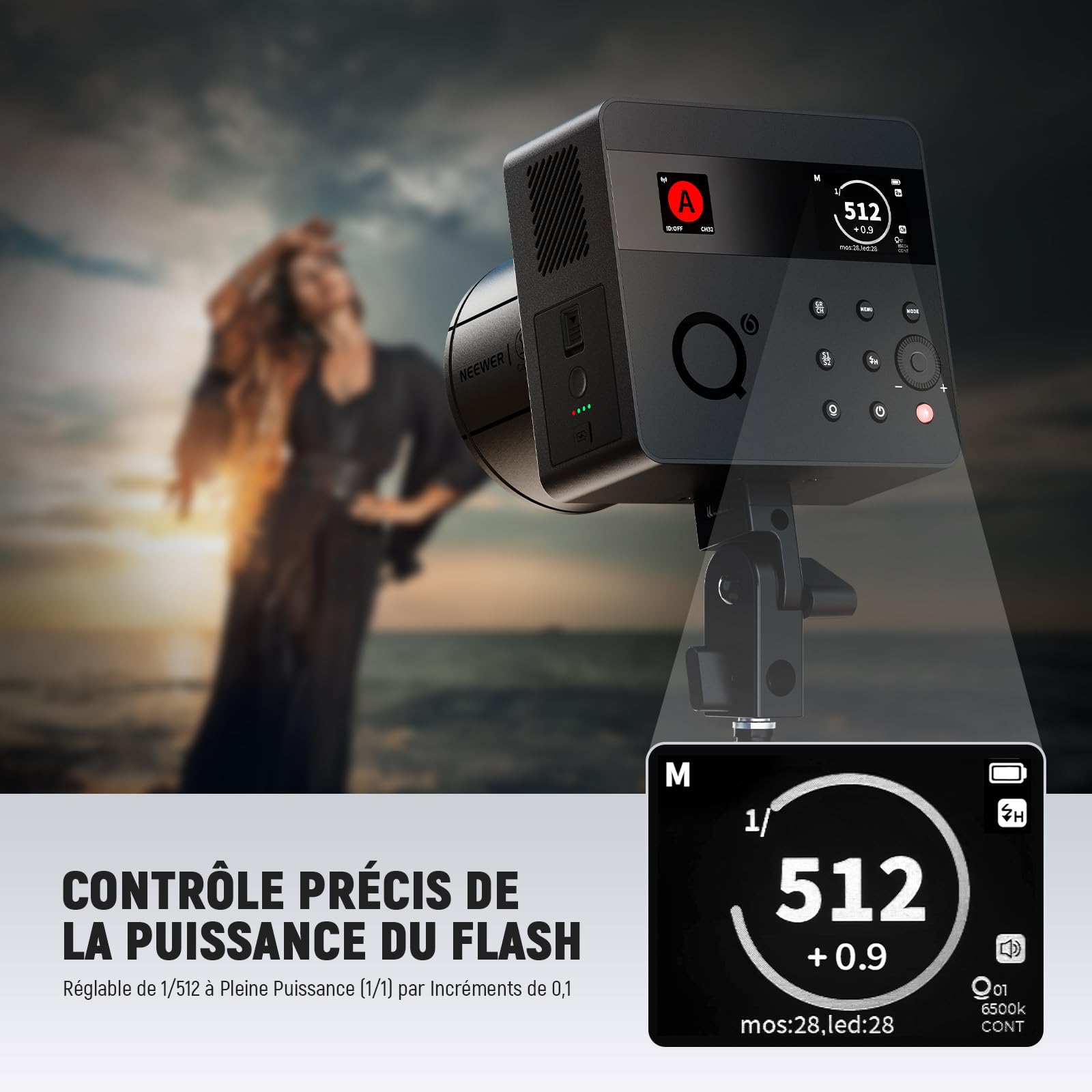 NEEWER Q6 600Ws 2,4GHz TTL Flash Studio extérieur avec app contrôle,Compatible avec Godox,Vitesses d'obturation 1/1 à 1/512,1/8000 HSS,Lampe Pilote LED Bicolore 30W,Temps Recharge de 0,01 à 0,9s
