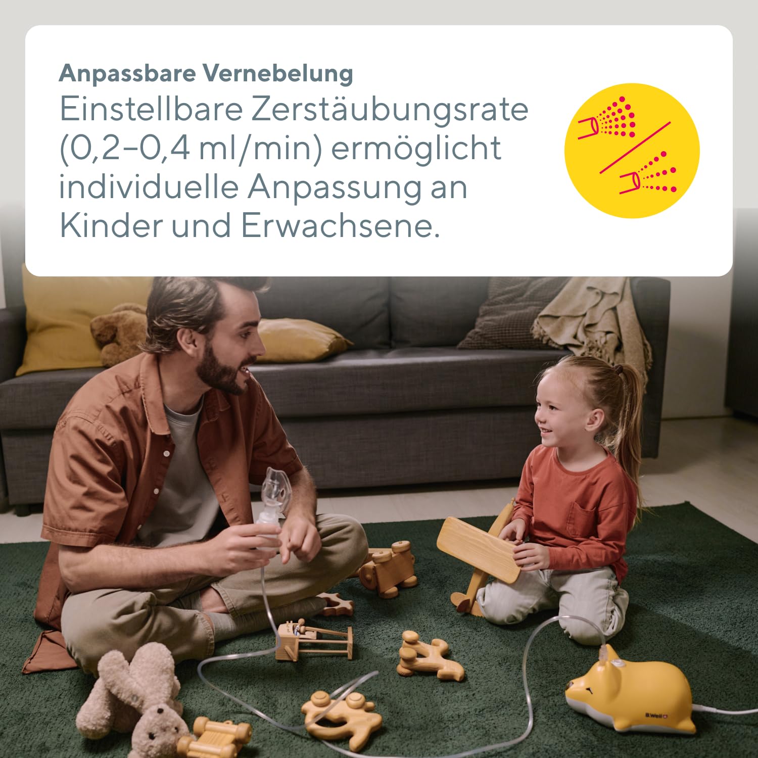 B.Well Swiss Kompressor-Inhalator MED-111, Medizinisch effiziente Atemtherapie, Einstellbarer Vernebler-Inhalator für Babys, Kinder und Erwachsene, Schweizer Qualität, Mit 2 Masken und Mundstück