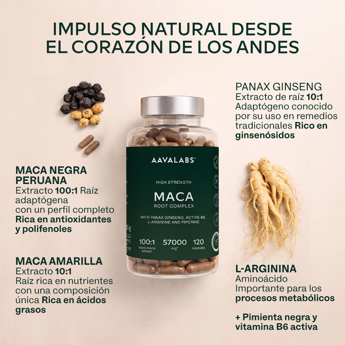 Maca Negra y Amarilla - 57,000 mg - Maca Peruana Andina con Ginseng Panax, L-Arginina, Vitamina B6 y Extracto de Pimienta Negra - 120 Maka Cápsulas - Veganas