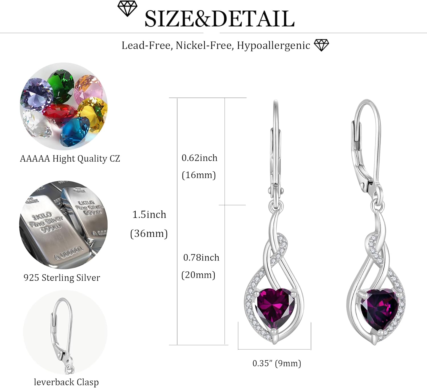 Heart Earrings for Women 925 Sterling Silver Infinity Heart Birthstone Leverback Earrings Hypoallergenic Jewelry Birthday Christmas Gifts for Women Mother Wife Her