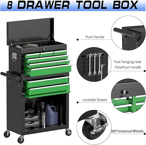 Miniatura 6 de Caja de herramientas rodante de 8 cajones, gabinete de almacenamiento de herramientas removible con 4 ruedas y cajones, organizador de caja de