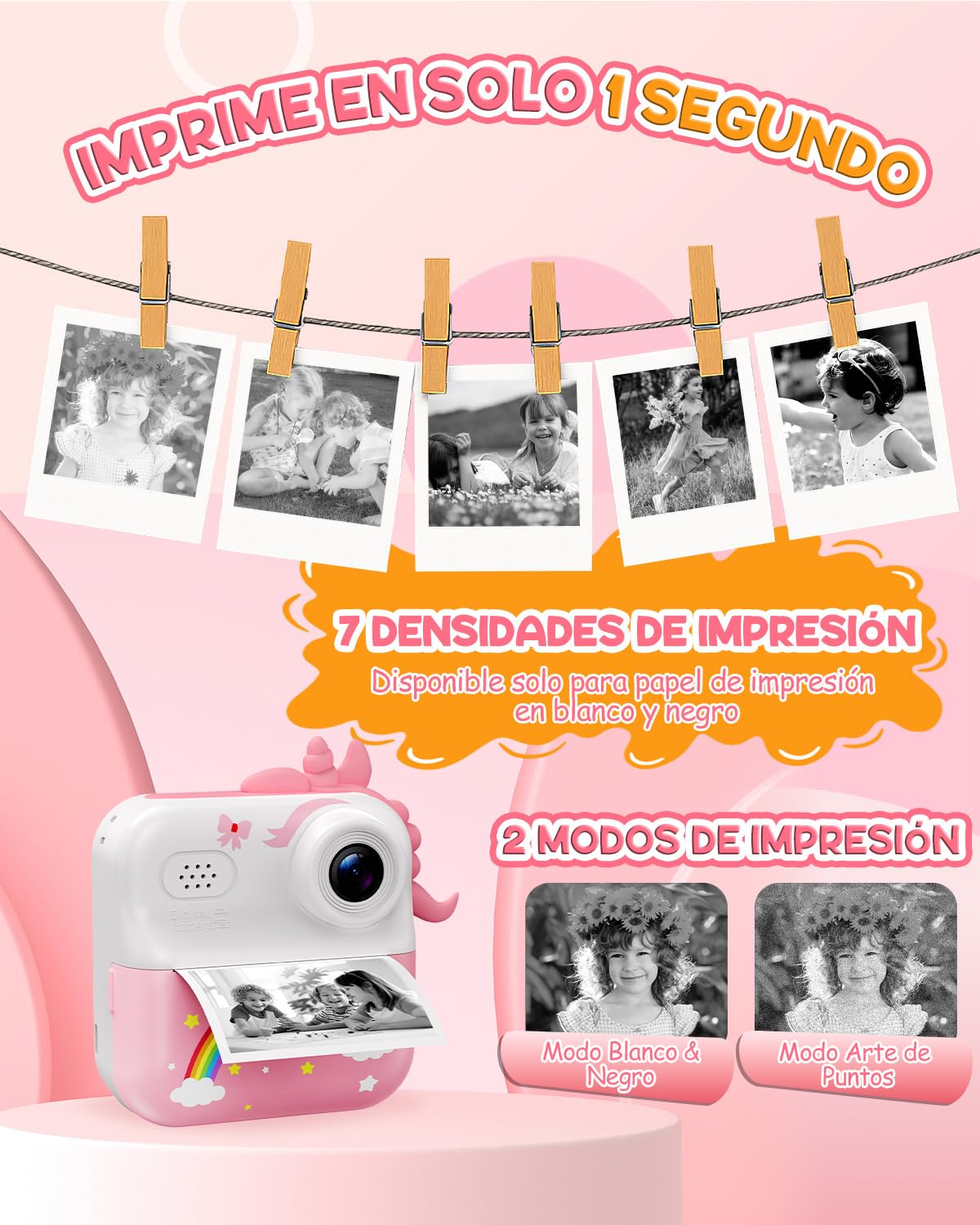 ElecMoga Camara Fotos Infantil Instantanea, 2.4'' HD 1080P Camara Digital para Niños con Tarjeta 32 GB y Papel Fotográfico, Zoom 16x Cámara Instantánea Color, Regalos Juguete para Niños de 3 a 12 Años