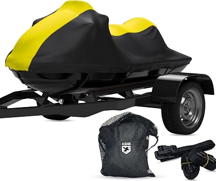 Weatherproof Max Jet Ski Cover Compatible with 2009-2026 SEA DOO Wake 155 / Wake 170 Yellow/Black Color Trailerable Protects from Rain, Sun, and More, Includes Trailer Straps and Storage Bag