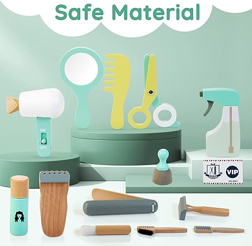 Miniatura 2 de Treewant Juego de peluquería para niños juego de juguetes de maquillaje de madera juguetes de peinado para niñas kit de afeitado para niños juego de