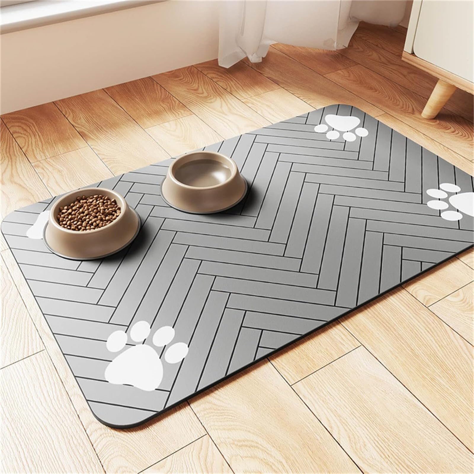 Hixingo Pet Food Mat, Absorbent Quick Dry Pet Feeding Mat with Non-Slip Rubber Backed, No Stains Dog Cat Placemat Dog Bowl Food and Water Bowl for Messy Drinkers Floors -Stripe (Gray,30x40cm)
