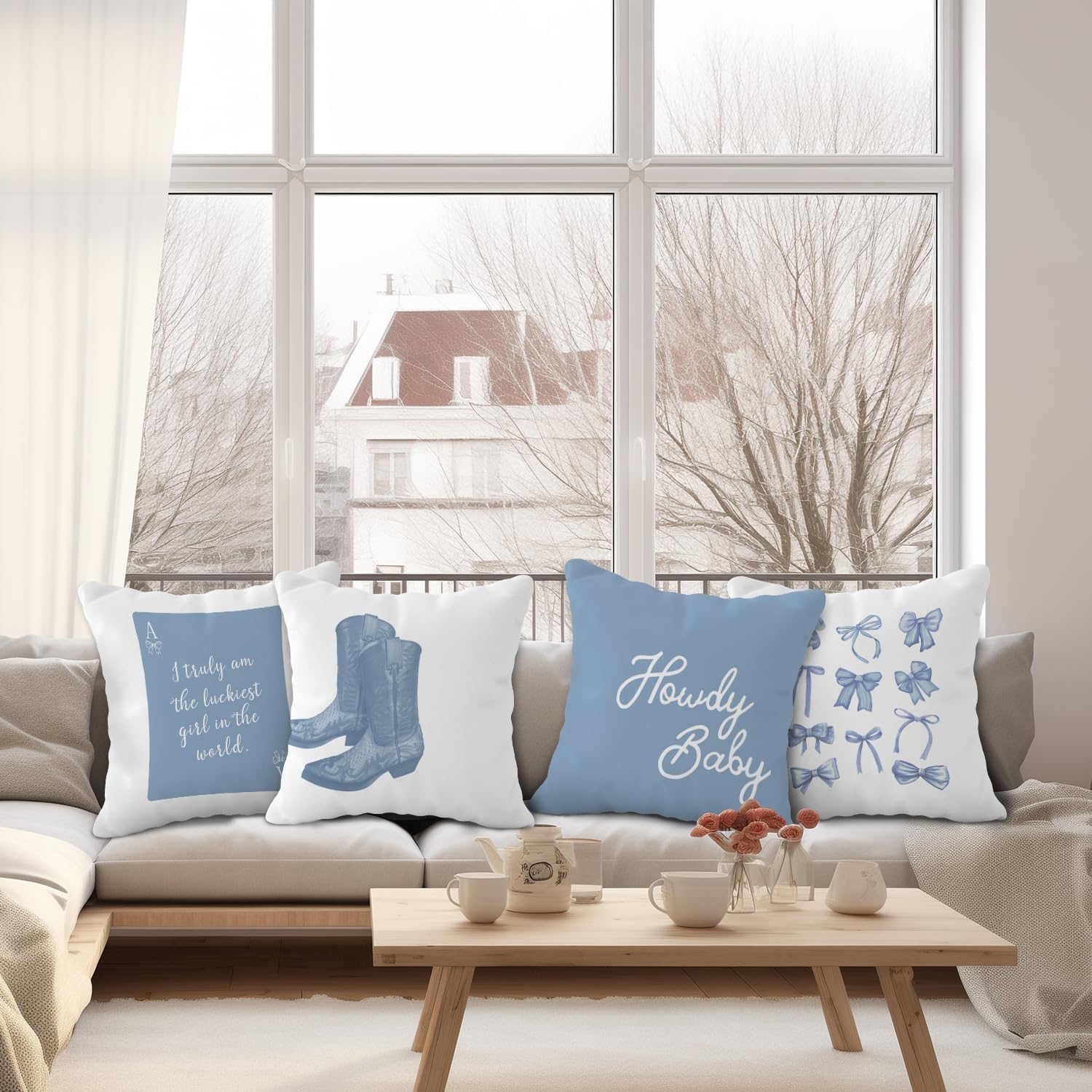 Western Howdy Pillow Covers - Blue, Cowgirl Boot Pillow Cover, Room Decor for Girls - Image 3