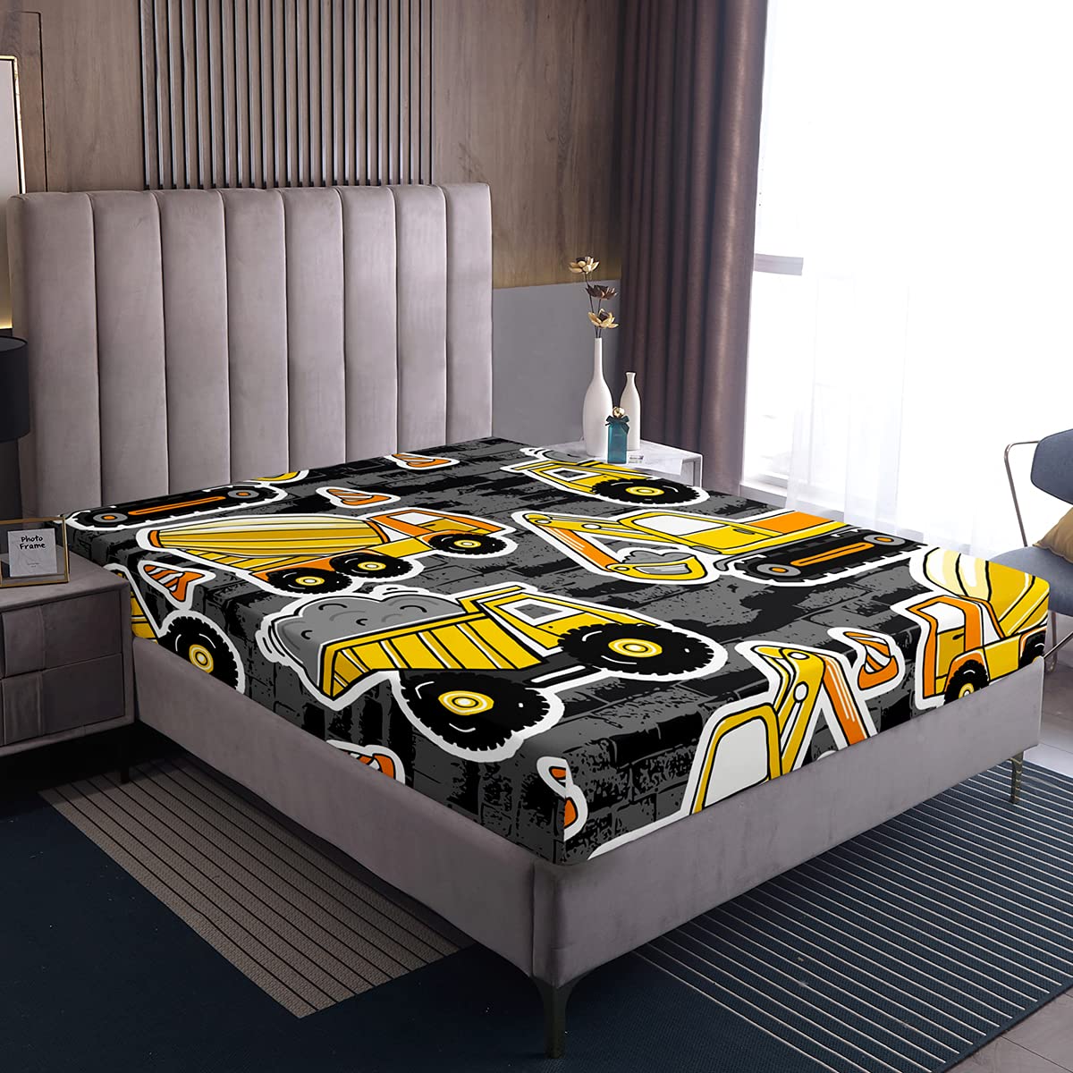 Jungen Bagger Spannbettlaken, Traktor LKW Bettwäsche-Sets Für Kinder Kind Mädchen Teens Schlafzimmer, Baufahrzeug Kran Spannbettlaken Blender Graue Wand Karikatur Spannbettlaken, Grau Gelb, 90x200