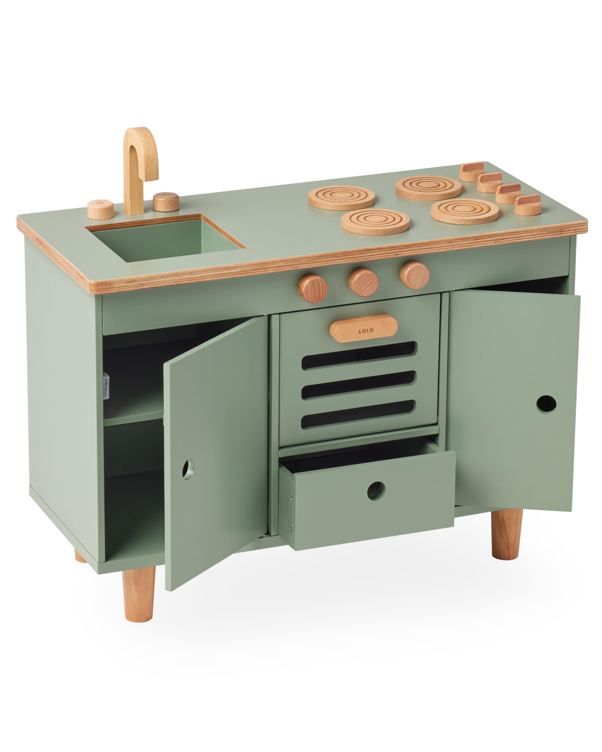 Lalo The Play Kitchen - Tool-Free Assembly, Toddler Kitchen Playset with Interactive Knobs & Doors, Safe for Kids 3+, Promotes Open-Ended Play, Wooden Play Kitchen, Made from Birch Wood - Sage