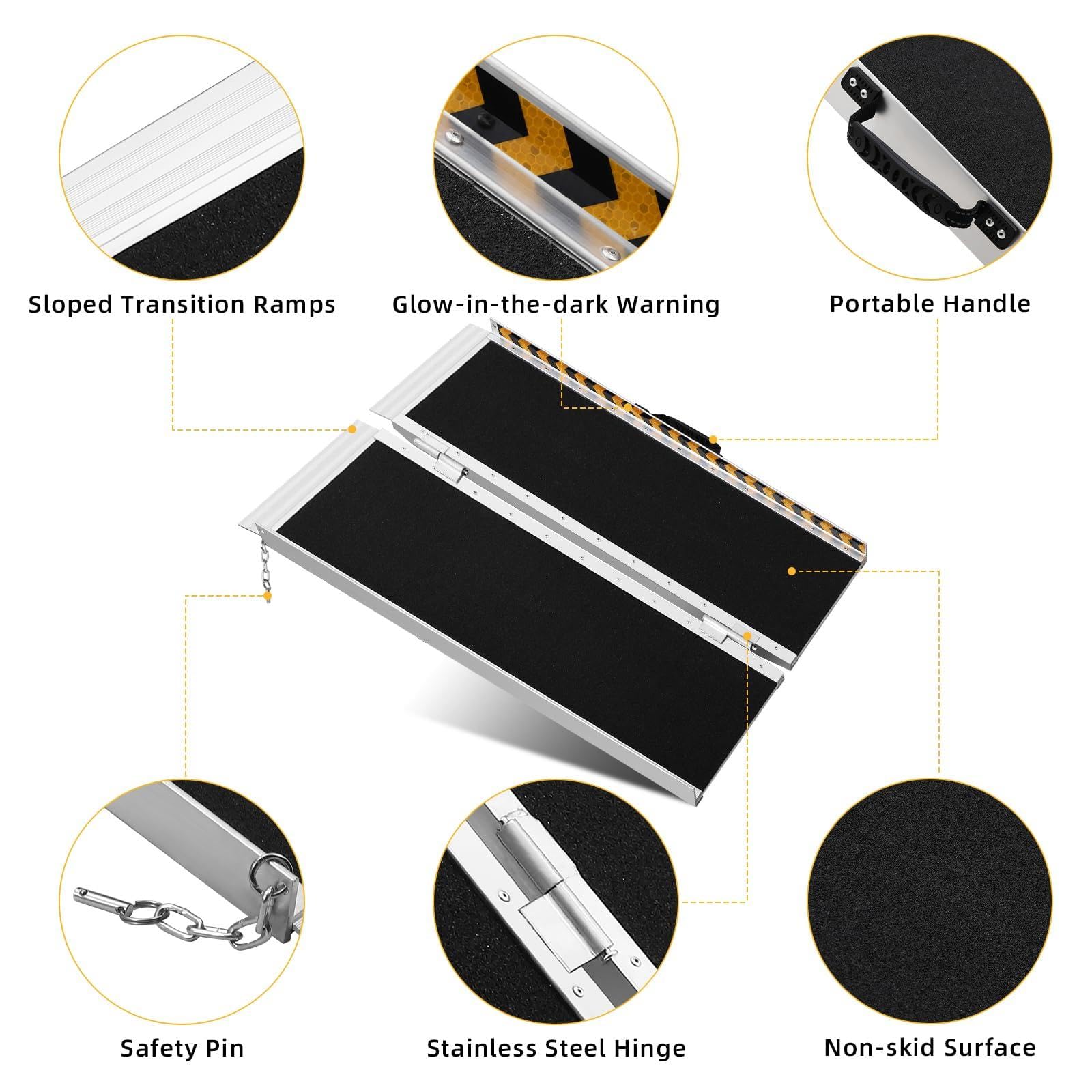 Rampa De Aluminio Resistente para Silla De Ruedas con Asa: Antideslizante, Portátil y Plegable para El Umbral De La Casa, Escalones, Puertas, Scooters y Bordillos. Capacidad De 362 kg.