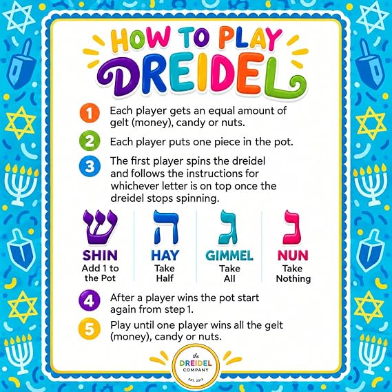 The Dreidel Company Multi Colored Hand Painted Wooden Dreidels, The Hanukkah Game, Let's Play Dreidel (4-Pack)