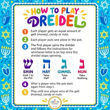The Dreidel Company Multi Colored Hand Painted Wooden Dreidels, The Hanukkah Game, Let's Play Dreidel (4-Pack)