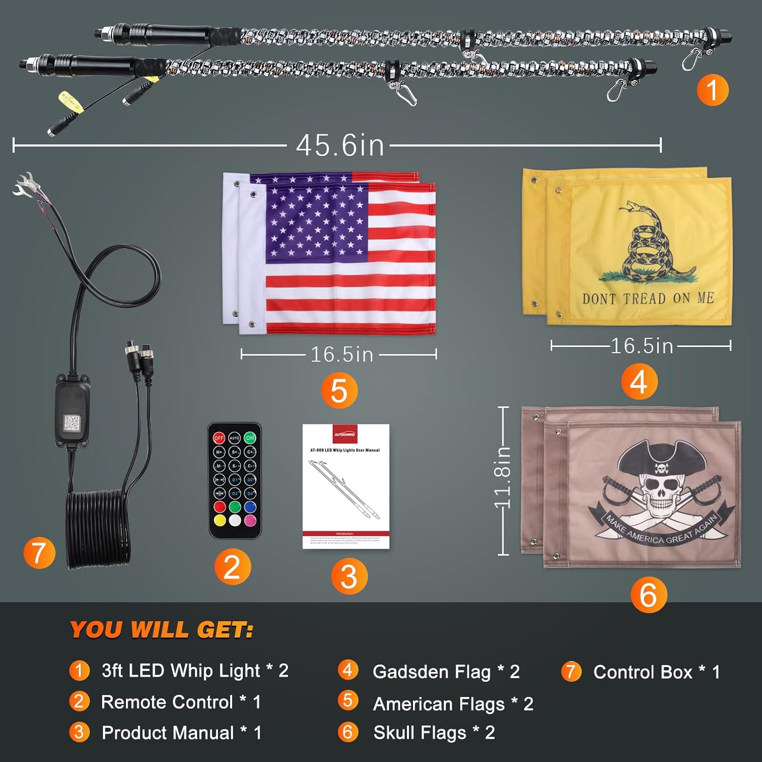 Whip Lights - AUTOOMMO 2Pcs 3FT Spiral RGB LED Chasing Whip Light with Gadsden/American/Skull Flags Remote and APP Control 300 Flash Patterns for UTV ATV Off-Road Truck Sand Buggy Dune RZR Can-Am : Automotive