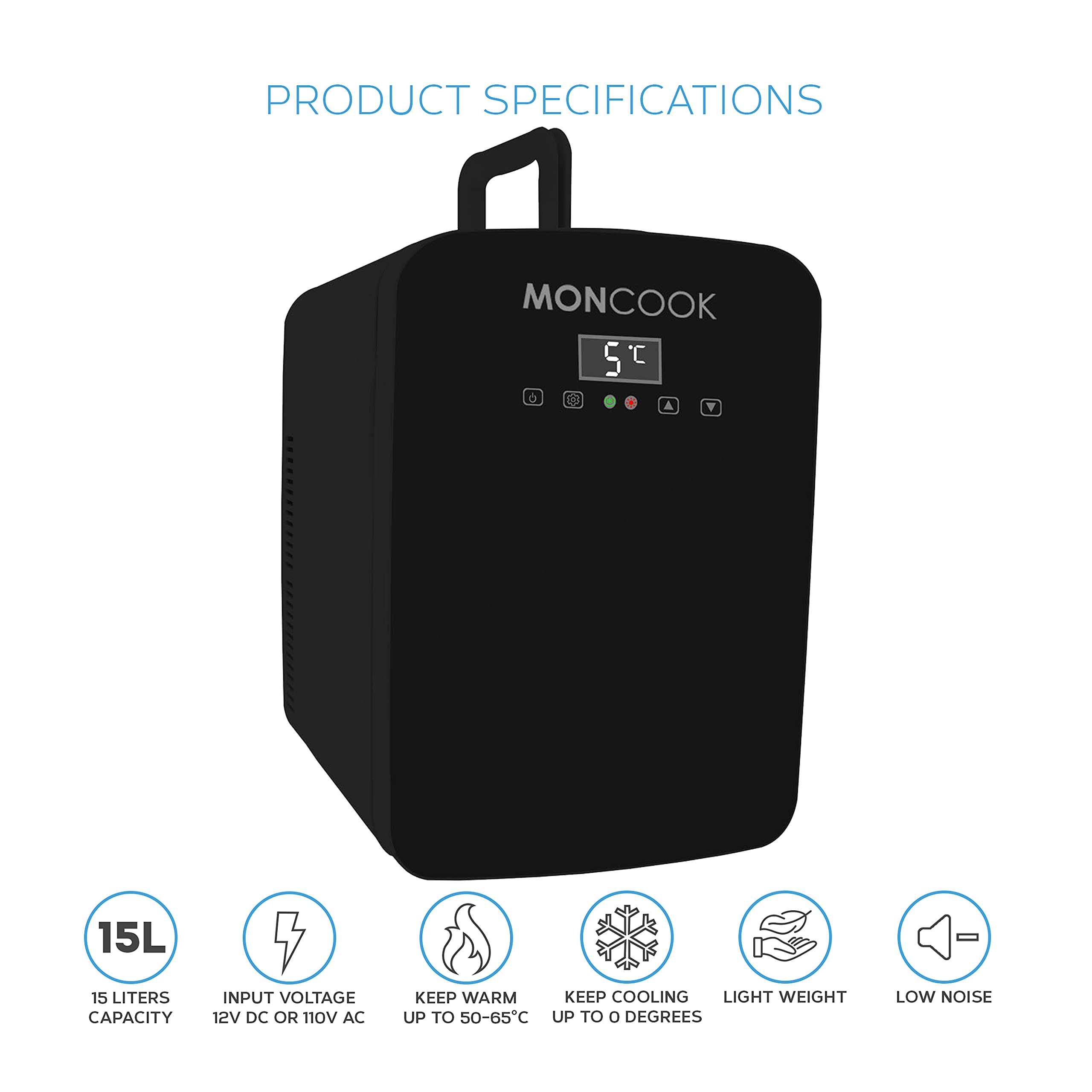 MONCOOK Mini Fridge For Bedrooms - Digital LED Display - Glass Door Mini Fridge For Skincare, Food & Drinks - Cooling & Warming Function - Perfect For Home, Office, Car Or Travel - 15L Black
