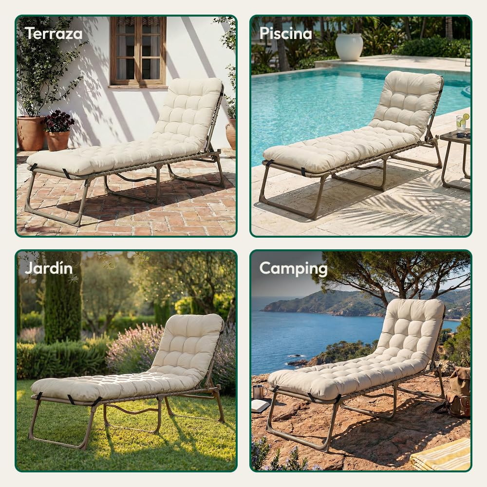 CASABEL Tumbona Plegable con Cojín, Tumbona Jardín Resistente y Cómoda con Tejido Textilene, Estructura de Acero para Jardín, Terraza, Camping o Piscina, Color Topo