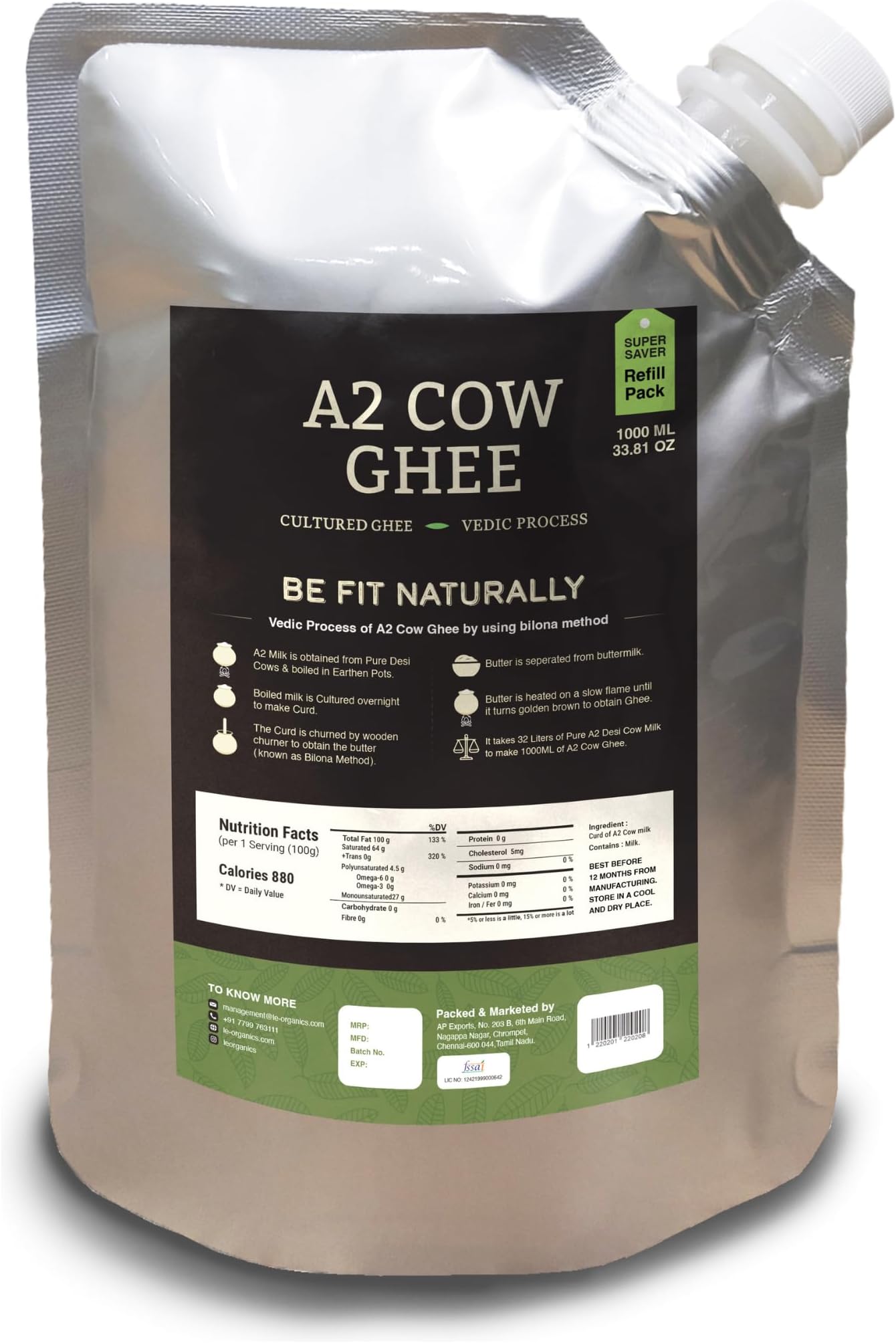 LeOrganics A2 Cow Ghee 1000 ml Refill Pouch Pack | 5000 year old Vedic Bilona Method | Curd - Churned l 5 Step Vedic Process | Malai Madu Cow - Pure Indian breed | Free Grazing Cows | GMO FREE | | Lab Certified l Hygenic condition and International packaging