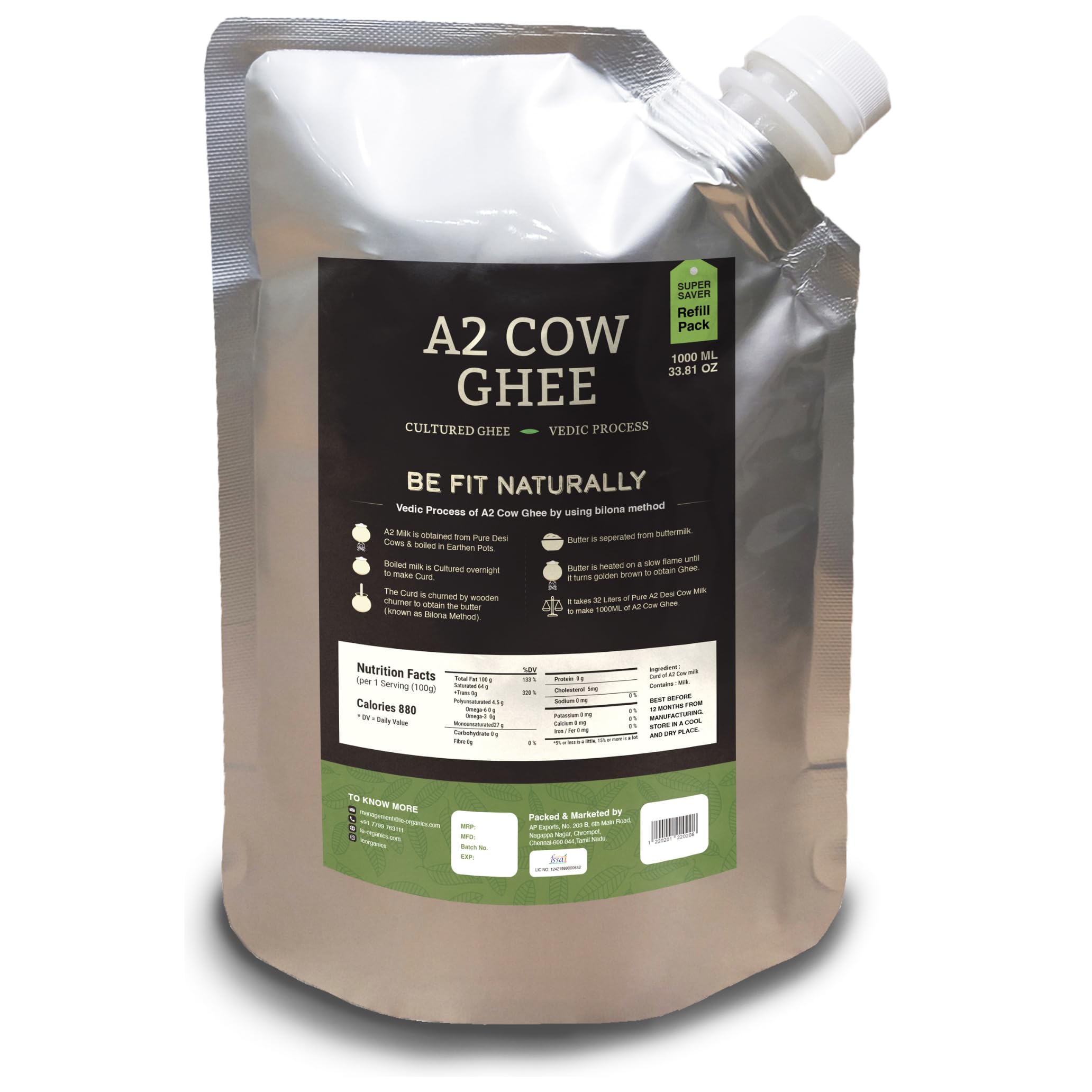 LeOrganics A2 Cow Ghee 1000 ml Refill Pouch Pack | 5000 year old Vedic Bilona Method | Curd - Churned l 5 Step Vedic Process | Malai Madu Cow - Pure Indian breed | Free Grazing Cows | GMO FREE | | Lab