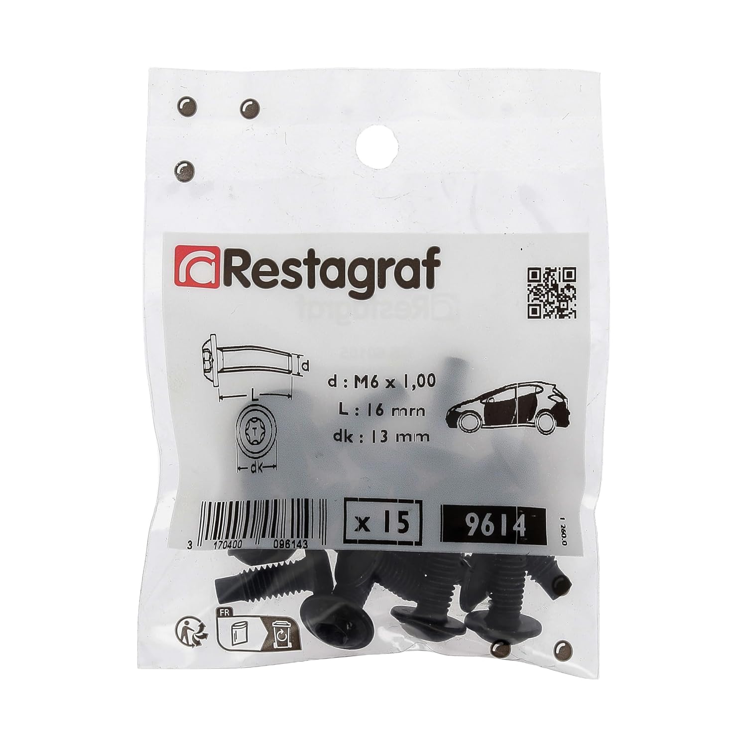 Restagraf - Large Round Torx Screws for Bodywork - Steel Class 8.8 - Diameter M6-1 x 16 mm - Ref 9614 - Compatible with Citroen, DS, Peugeot, Renault - Pack of 15