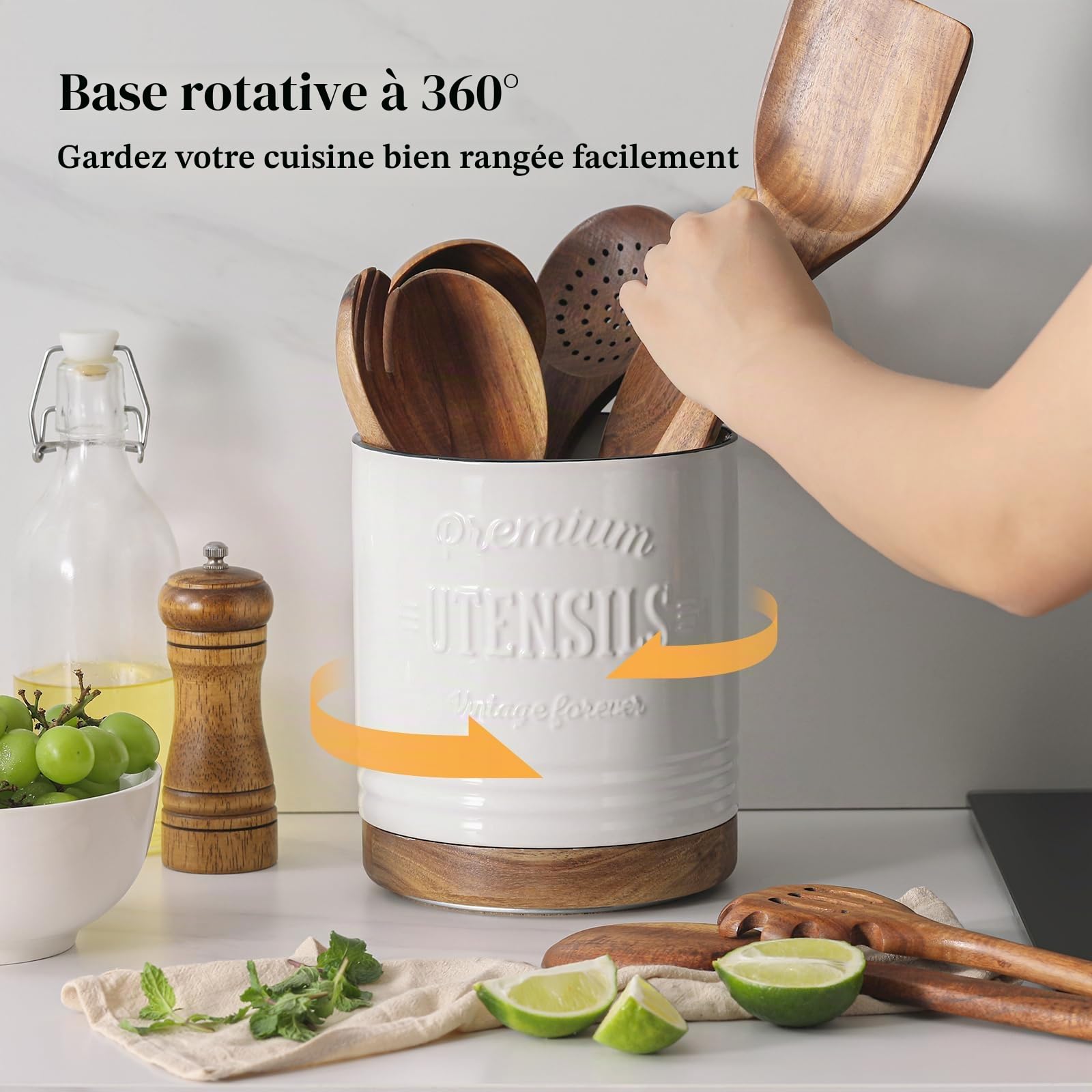 DOWAN Kitchen Utensil Holder 360 Rotating Container Kitchen Utensil Container Country House Style Kitchen Spoon Holder Beige Kitchen Decor