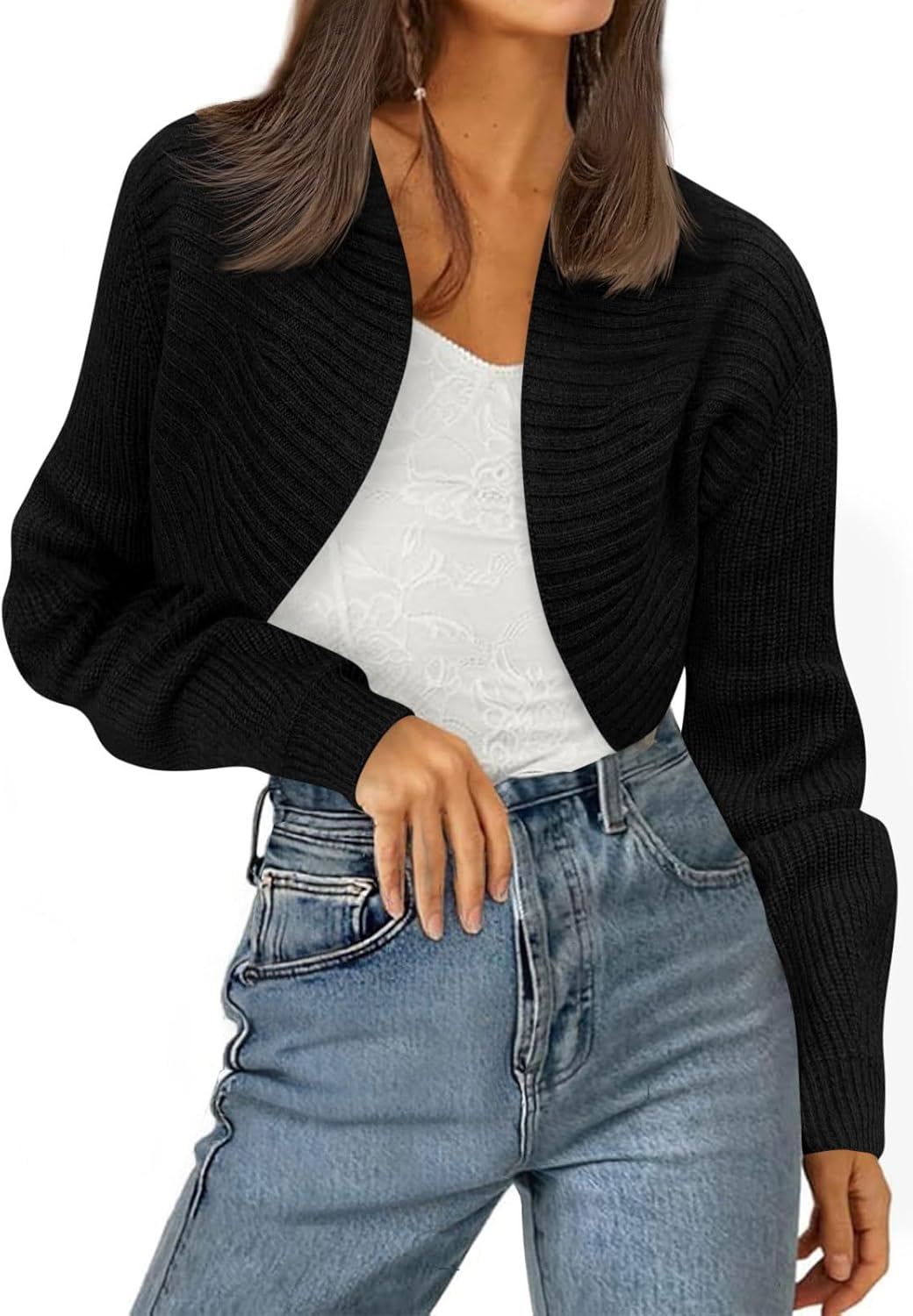 Yousify Womens Cropped Bolero Shrug Open Front Long Sleeve Ribbed Cardigan Fall Casual Knit Sweater Jacket