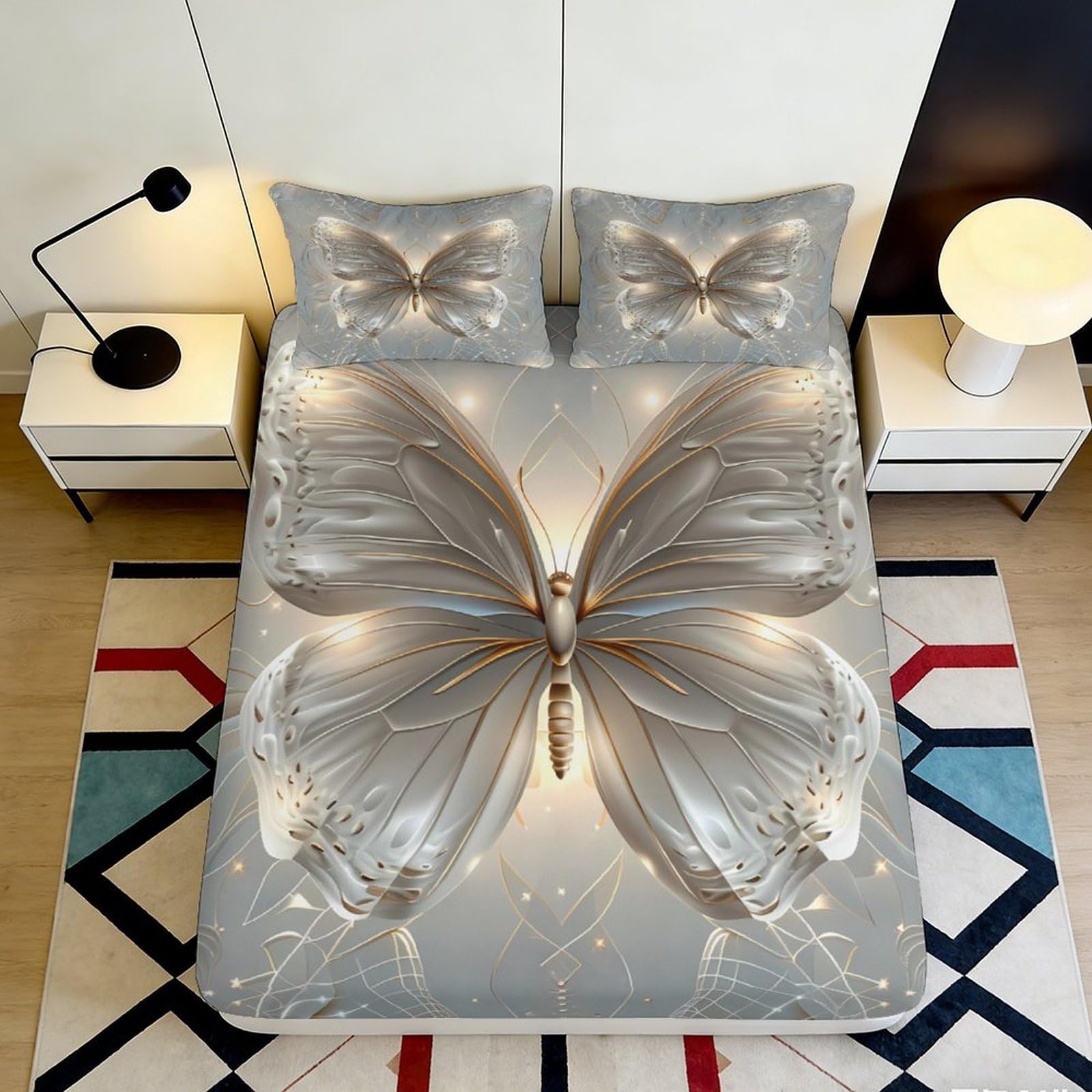 3D Printed Butterfly Fitted Sheet Microfiber Deep Pocket Bedroom Bedding Butterfly Mattress Fitted Cover Non-Slip Full Wrap 200x200x25cm 90x200x25cm