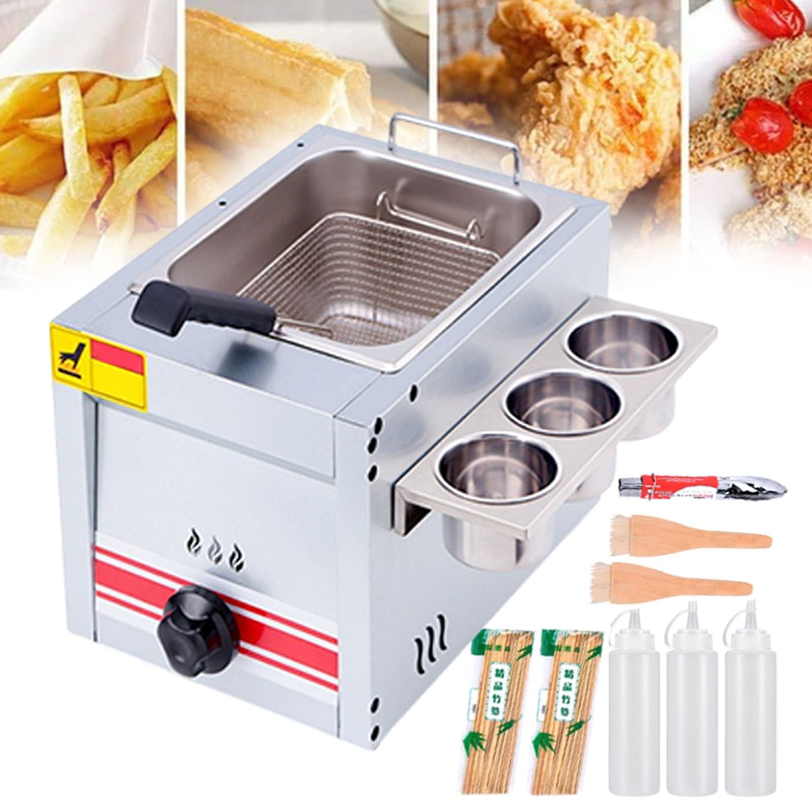 Friggitrice professionale a gas con manopola di controllo indipendente, griglia per condimenti e bottiglie di salsa, ideale per pollo fritto, gamberetti e pesce, capacità 10 l