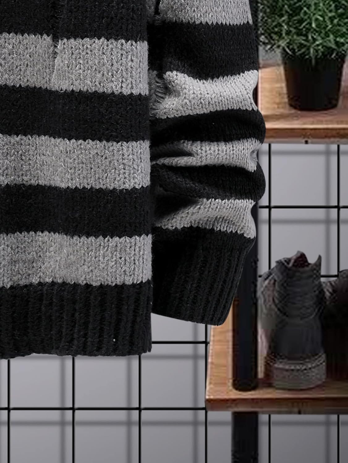 SHENHE Men's Striped Pattern Knit Pullover Ripped Drop Shoulder Sweater - Image 5