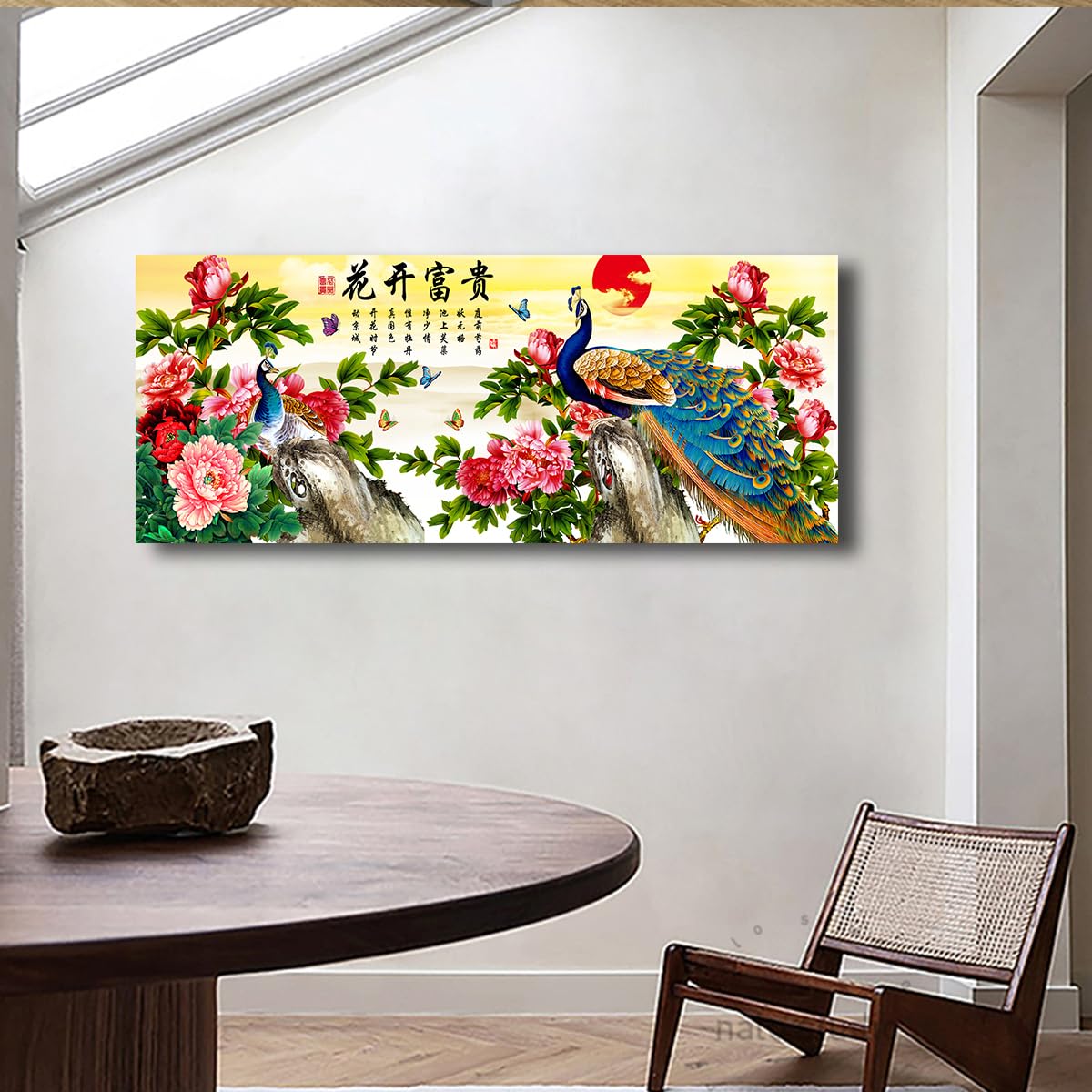 CHERHERART Chińskie obrazy Feng Shui na płótnie paw piwonia i czerwone słoneczne płótno malarstwo ścienne do jadalni sypialnia gabinet 60x150cm