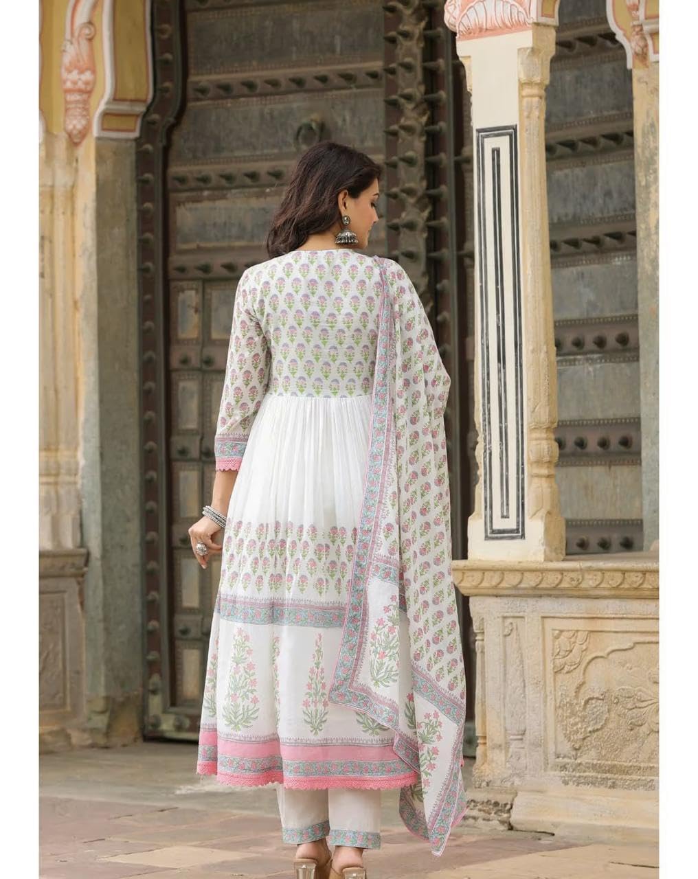 RangMahal indyjskie damskie spodnie z czystej bawełny haftowane Anarkali Kurta Tussle Dupatta zestaw
