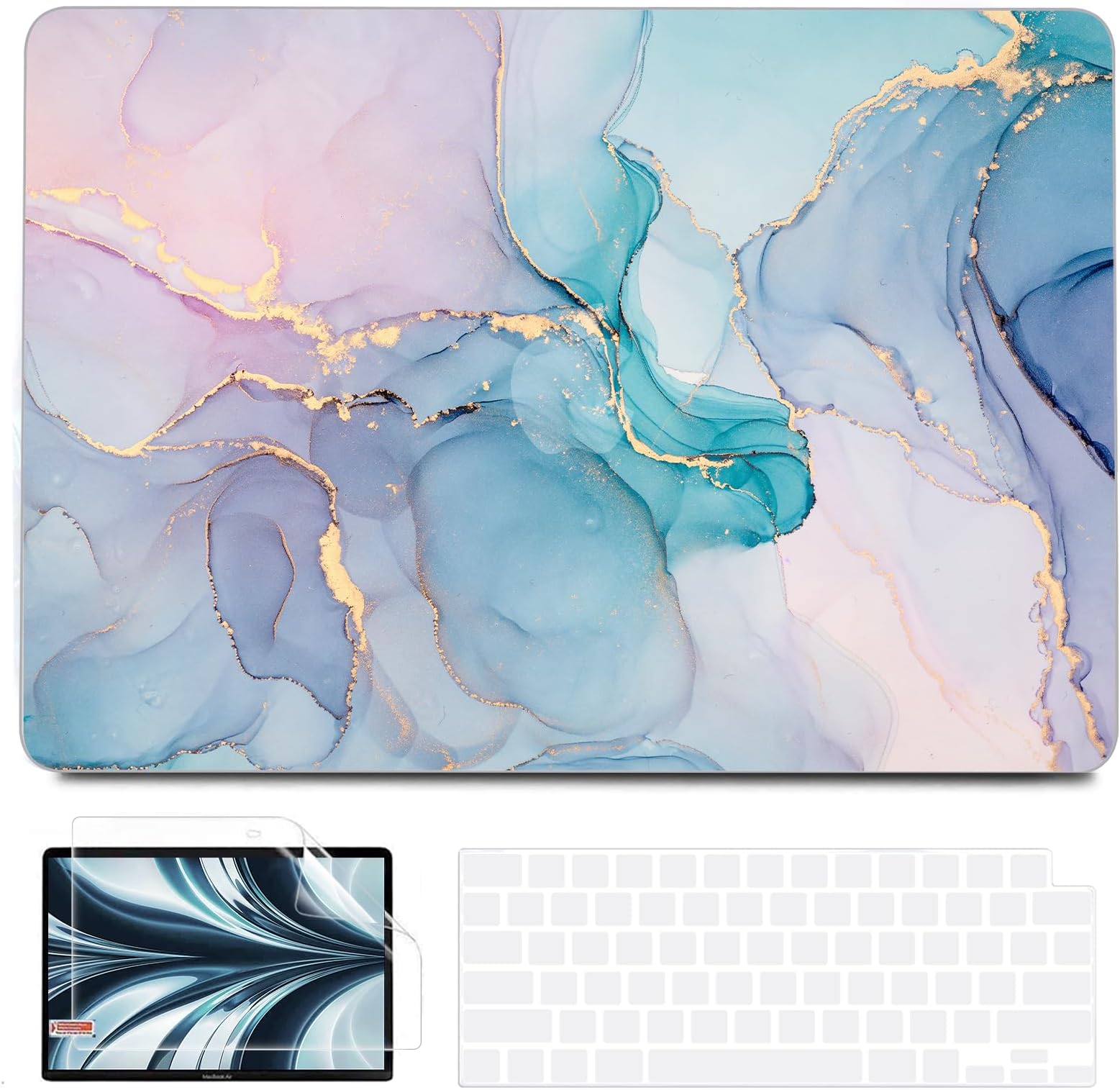 B BELK Compatible with MacBook Air 13 inch Case 2025 2024 2023 2022 M4 M3 M2 A3240 A3113 A2681, Plastic Hard Shell+Keyboard Cover+Screen Protector for MacBook Air 13.6 inch Case, Blue Pink Marble