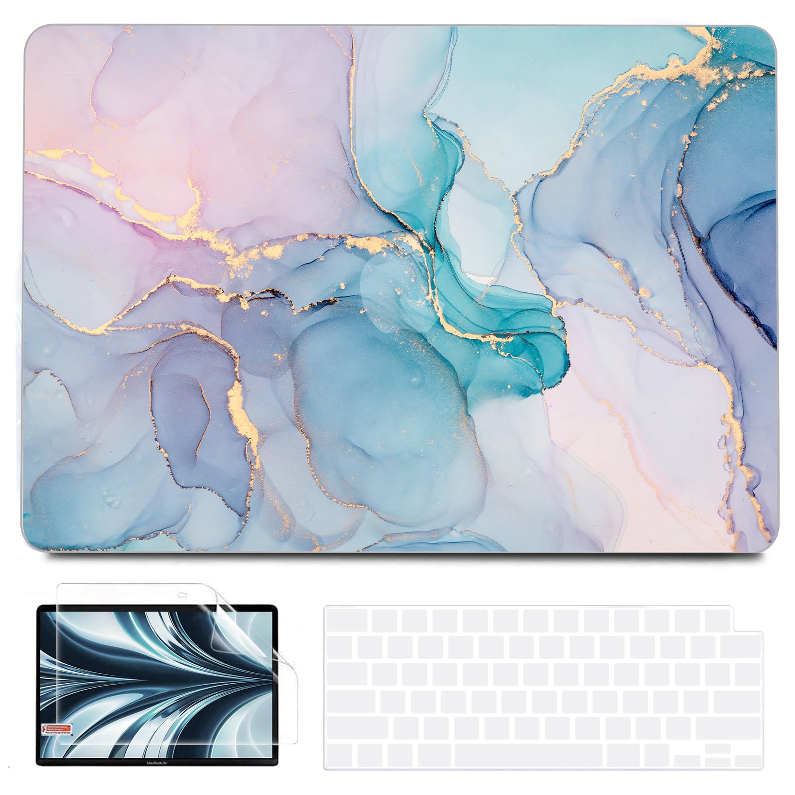 B BELK Compatible with MacBook Air 13 inch Case 2025 2024 2023 2022 M4 M3 M2 A3240 A3113 A2681, Plastic Hard Shell+Keyboard Cover+Screen Protector for MacBook Air 13.6 inch Case, Blue Pink Marble