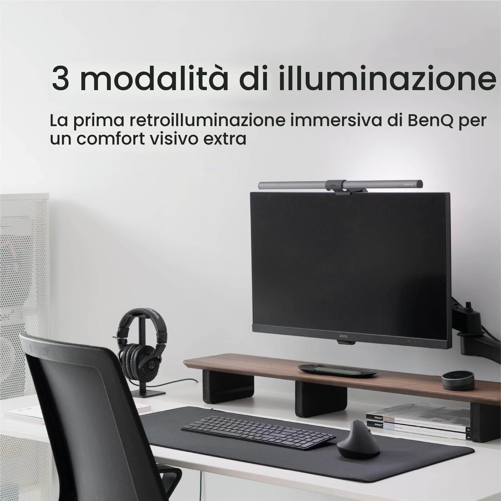 BenQ ScreenBar Halo - Lampada da scrivania senza fili, senza riflessi sullo schermo, risparmio di spazio, 3 modalità di luce intelligente, compatibile con schermi curvi 1000-1800R