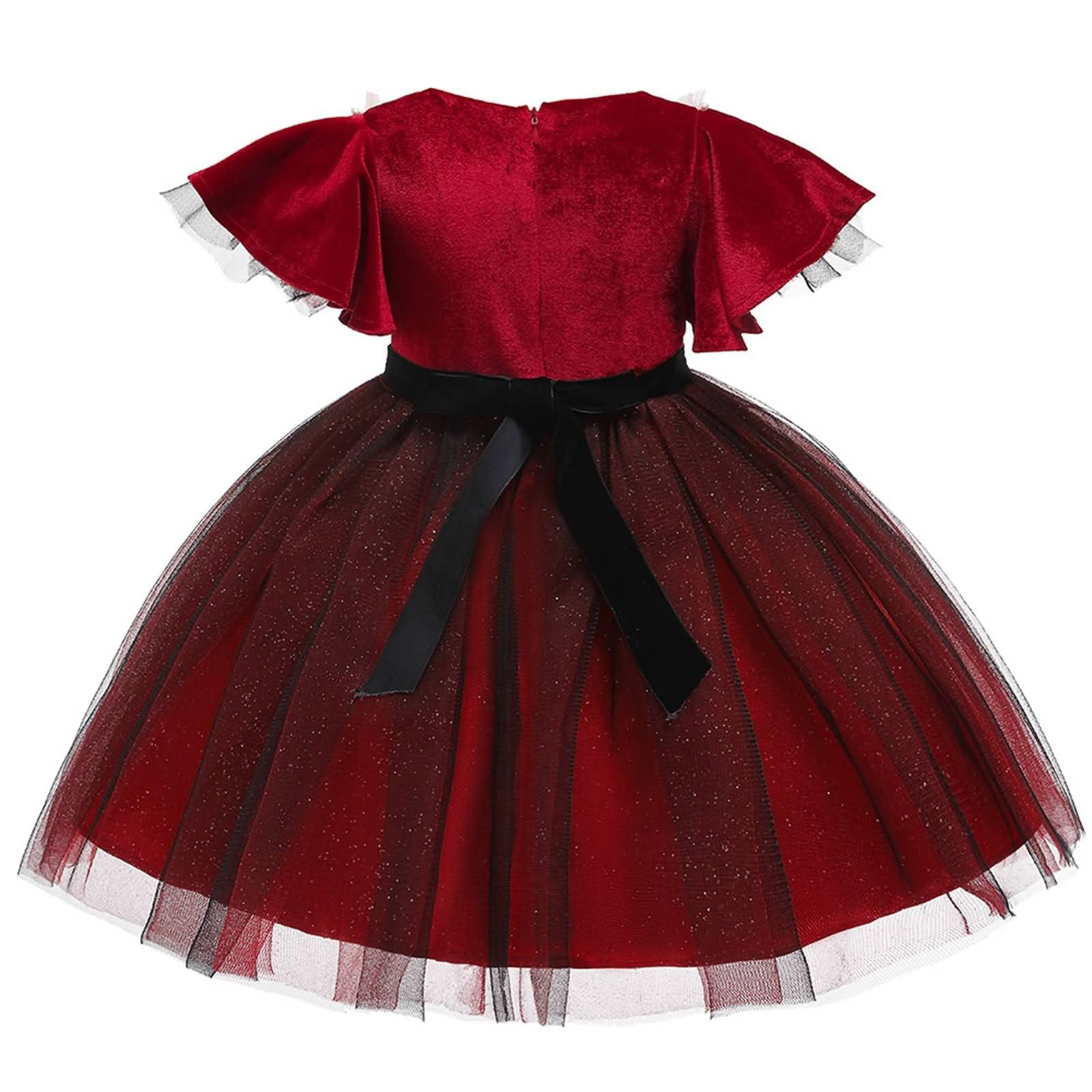Gualiy Vestido para niñas, vestido de baile de graduación de 4 a 10 años, mangas con vuelo, vestido de tul negro con cuentas y manga corta