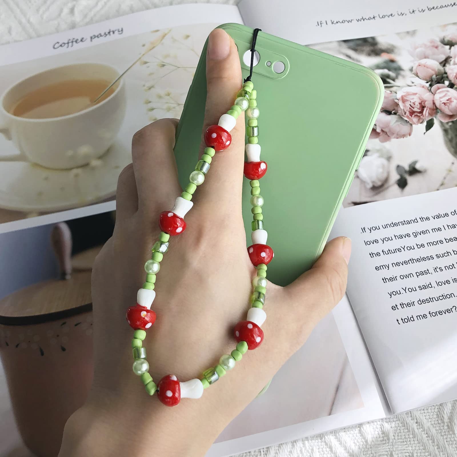 HOLAOCT Green Phone Charm/Chain Cute Mushroom Phone Charms Wrist Strap Beaded Keychain Aesthetic Pearl Lanyard for Camera Bag Women Ladies